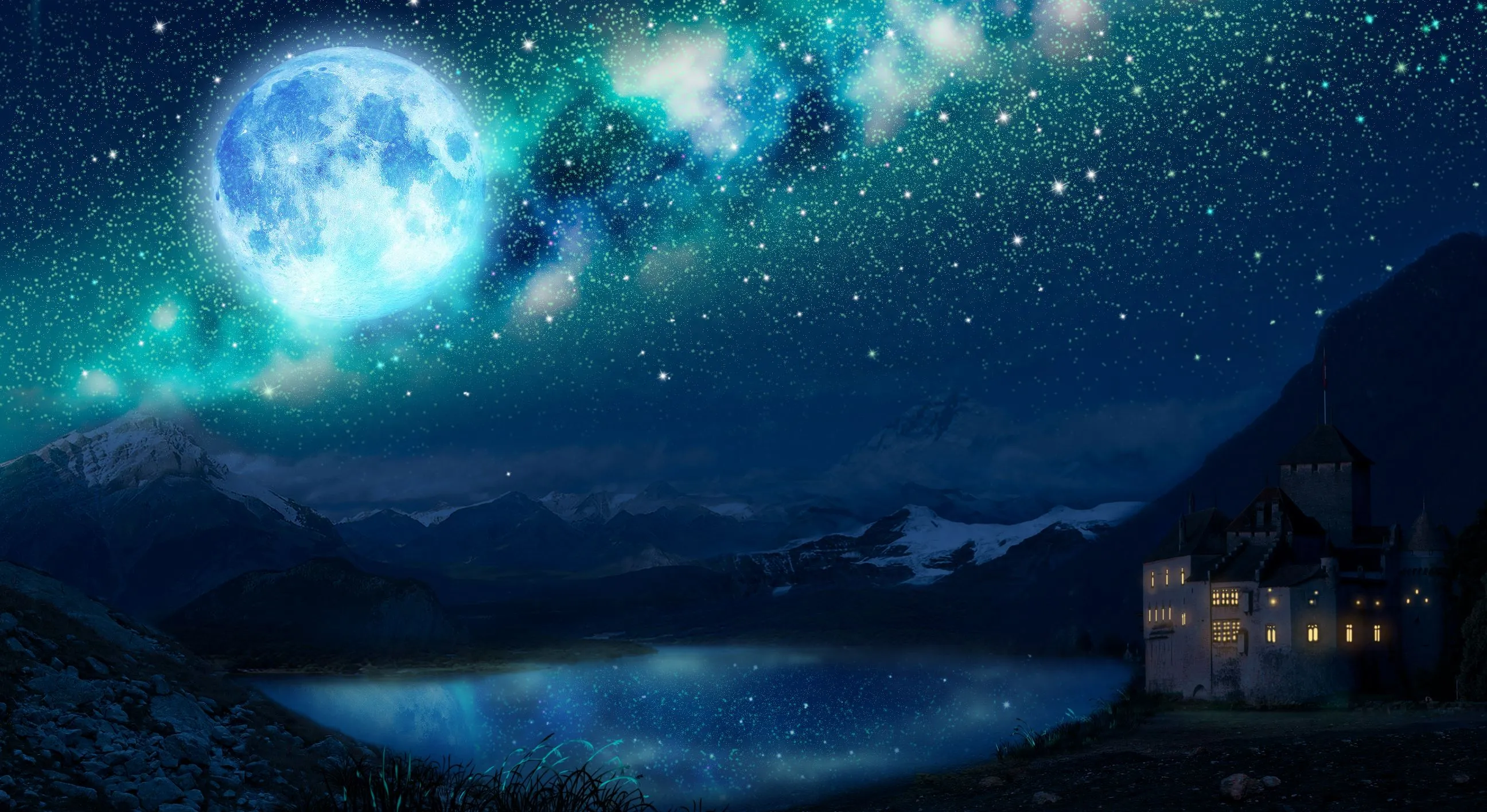 Desktop wallpaper: Moon, Anime, Night, Building, Lake, Starry Sky 4K free download for PC. 968405