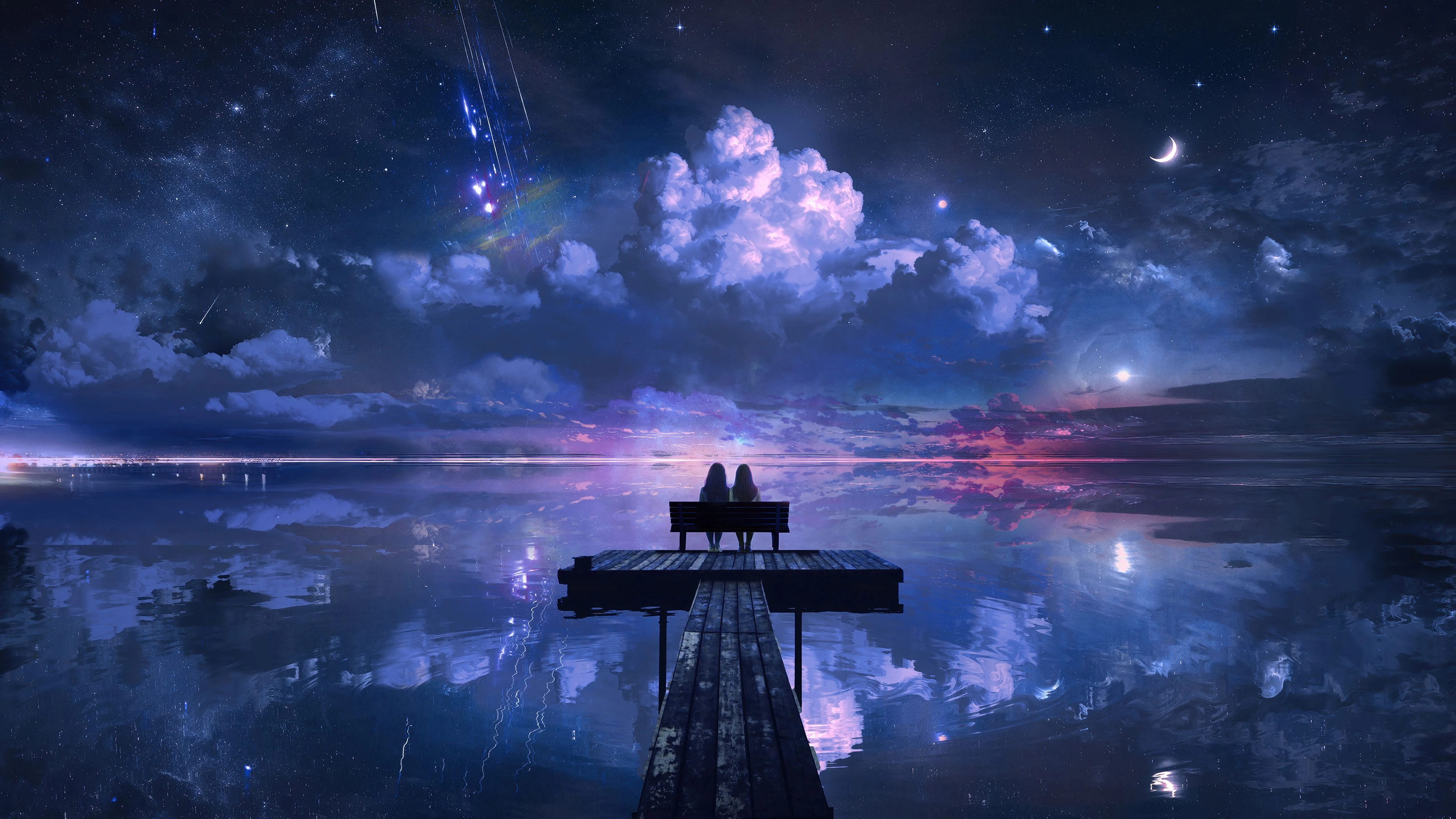 Romantic Wallpaper 4K, Night sky, Lake, Reflections