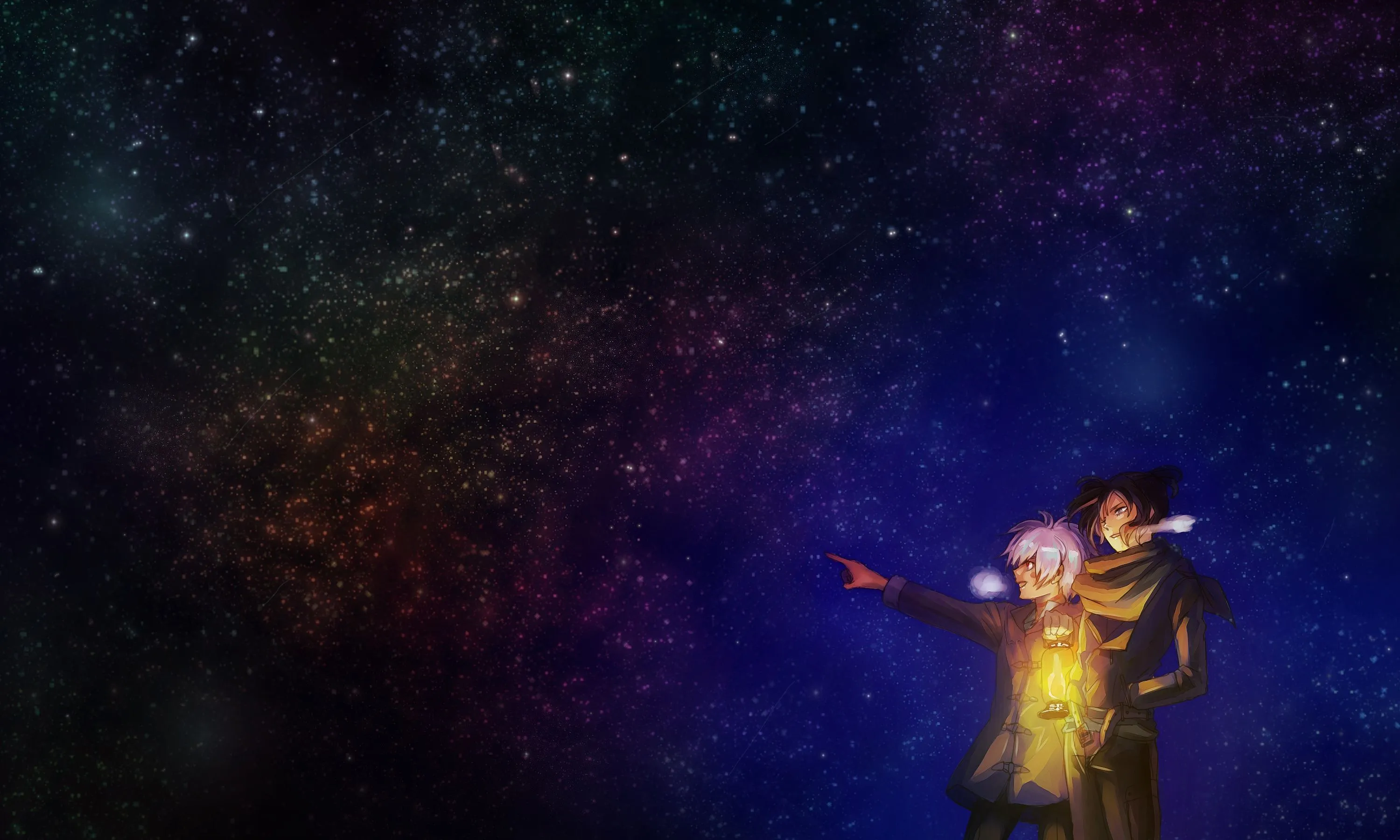 Wallpaper the sky, stars, night, lamp, anime, art, pair, guy for mobile and desktop, section аниме, resolution 3000x1800