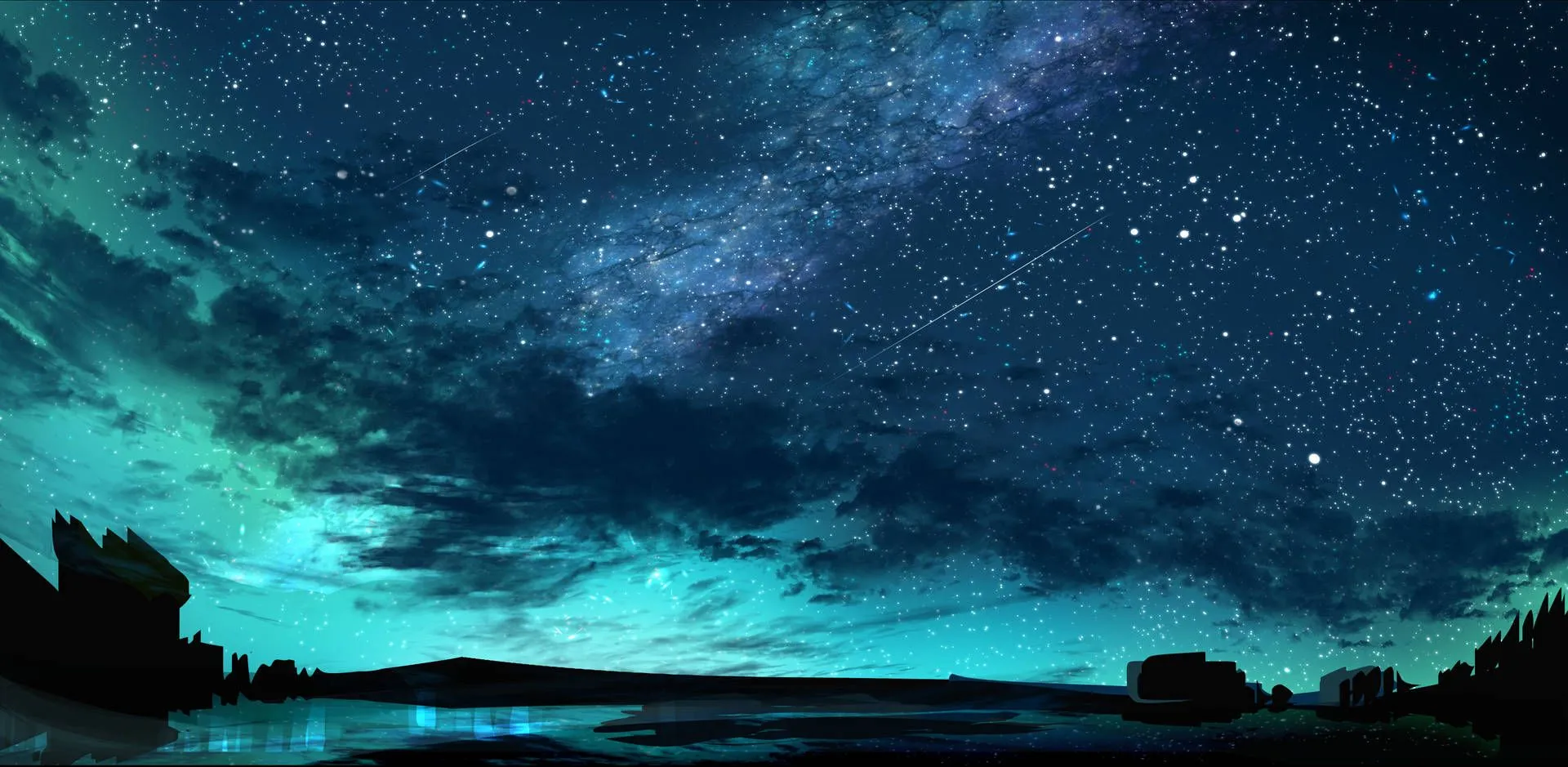 Download Cyan Scenery Anime Night Sky Wallpaper