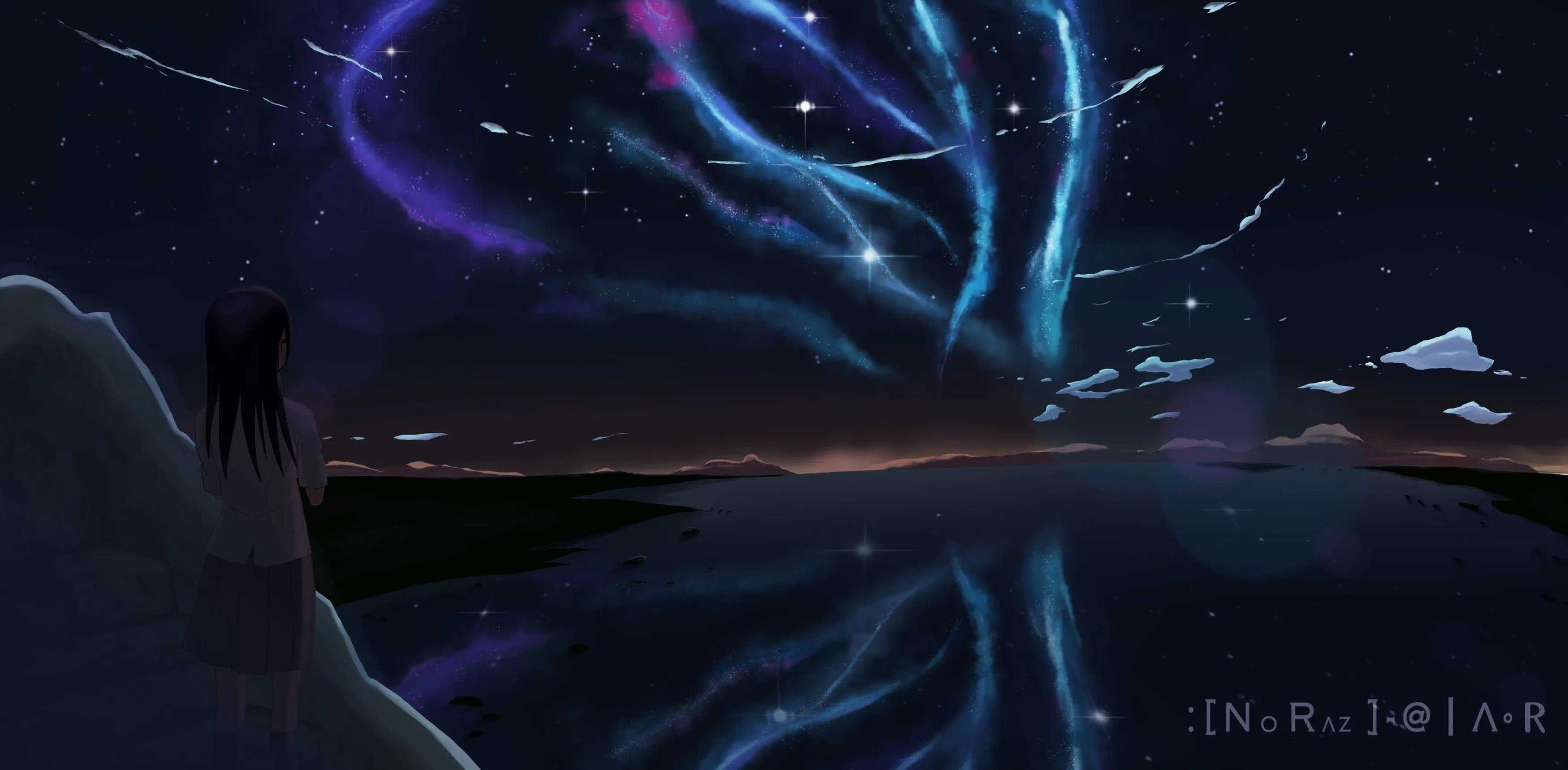 Wallpaper the sky, girl, stars, clouds, night, nature, Northern lights, anime for mobile and desktop, section аниме, resolution 3500x1719