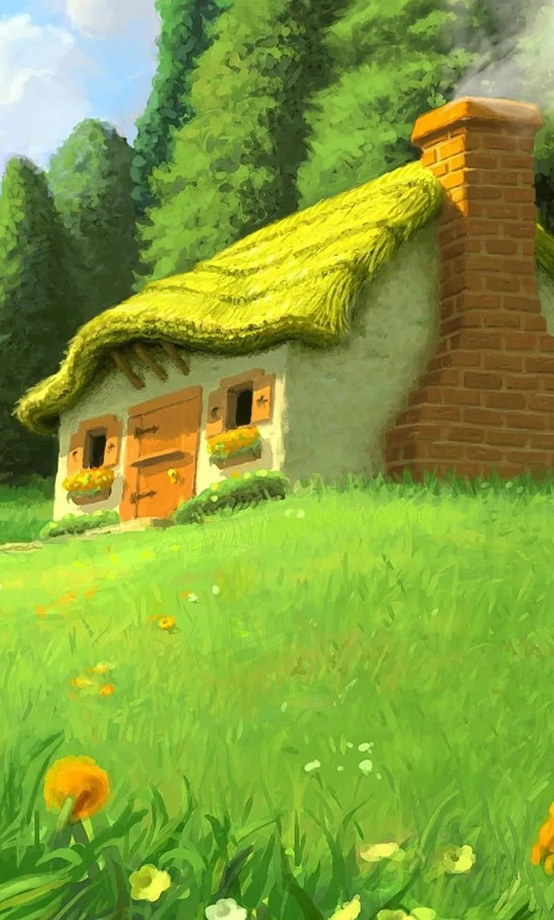 Fantasy cottage, flowers, forest, nature, painting, HD phone wallpaper