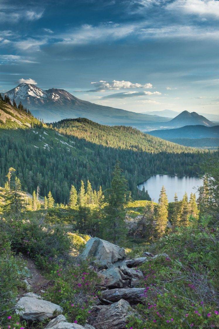 forest, Mount Shasta, California, Heart Lake, Cinder Cone, Mountain, Snowy peak, Clouds Wallpaper HD / Desktop and Mobile Background