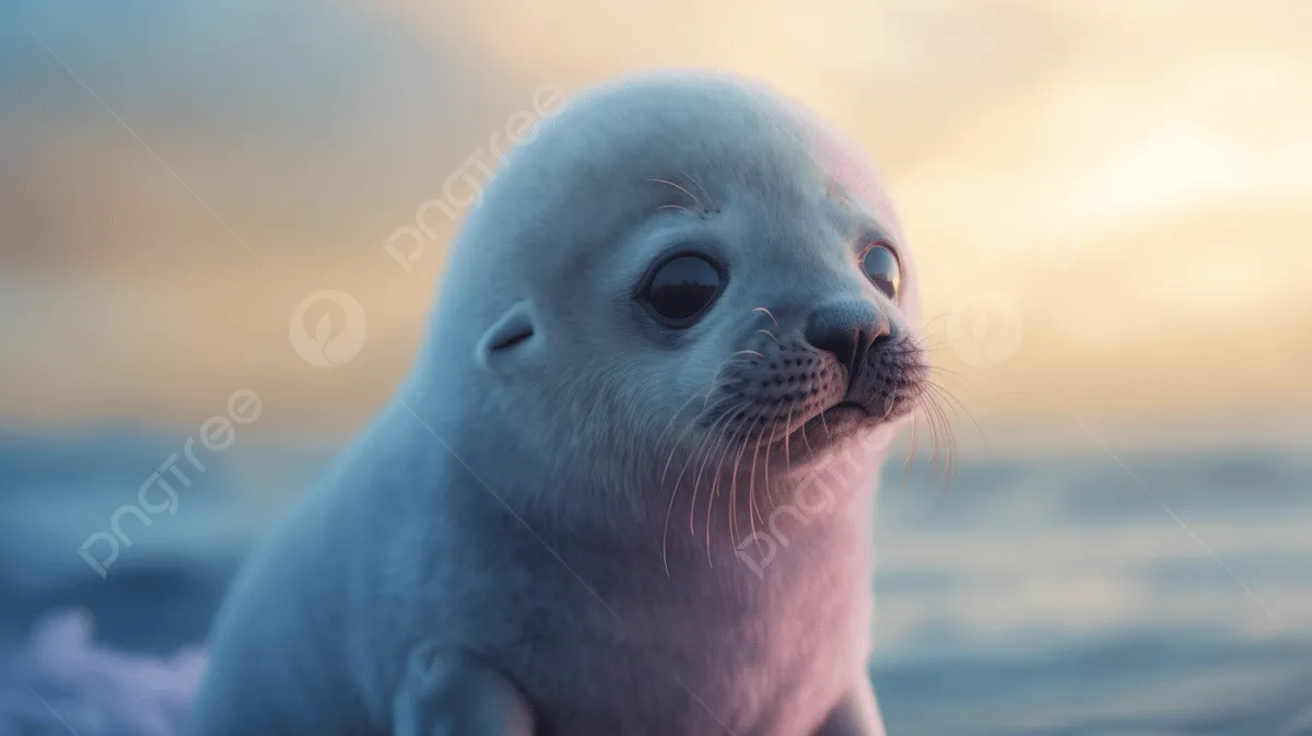 Baby Seal Is Standing In The Ocean At Sunset, Sea Lion, Blue Fur, Cotton Candy Clouds Background Image And Wallpaper for Free Download