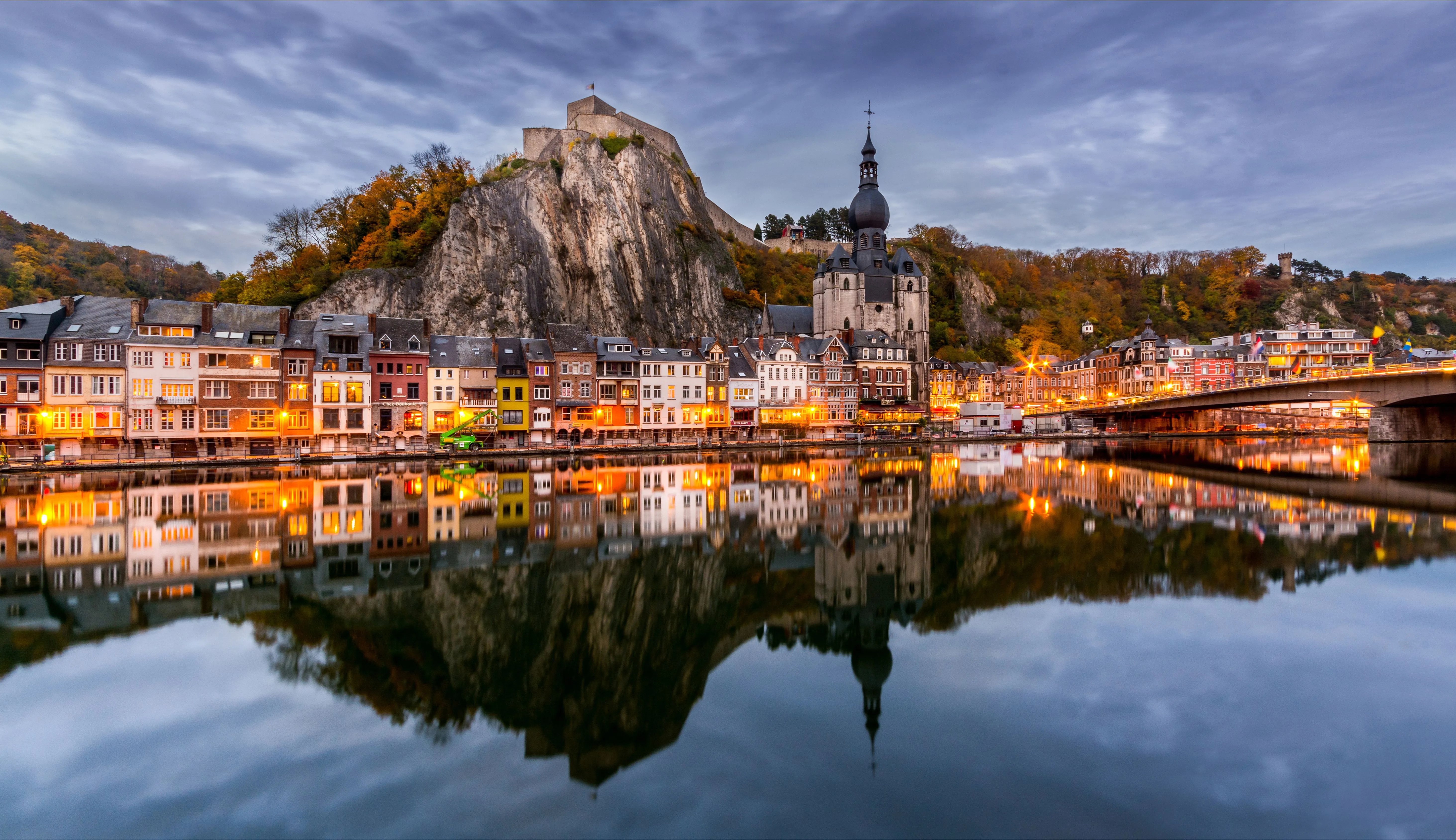 Wallpaper mountains, bridge, reflection, river, building, Church, panorama, Belgium for mobile and desktop, section город, resolution 5853x3376