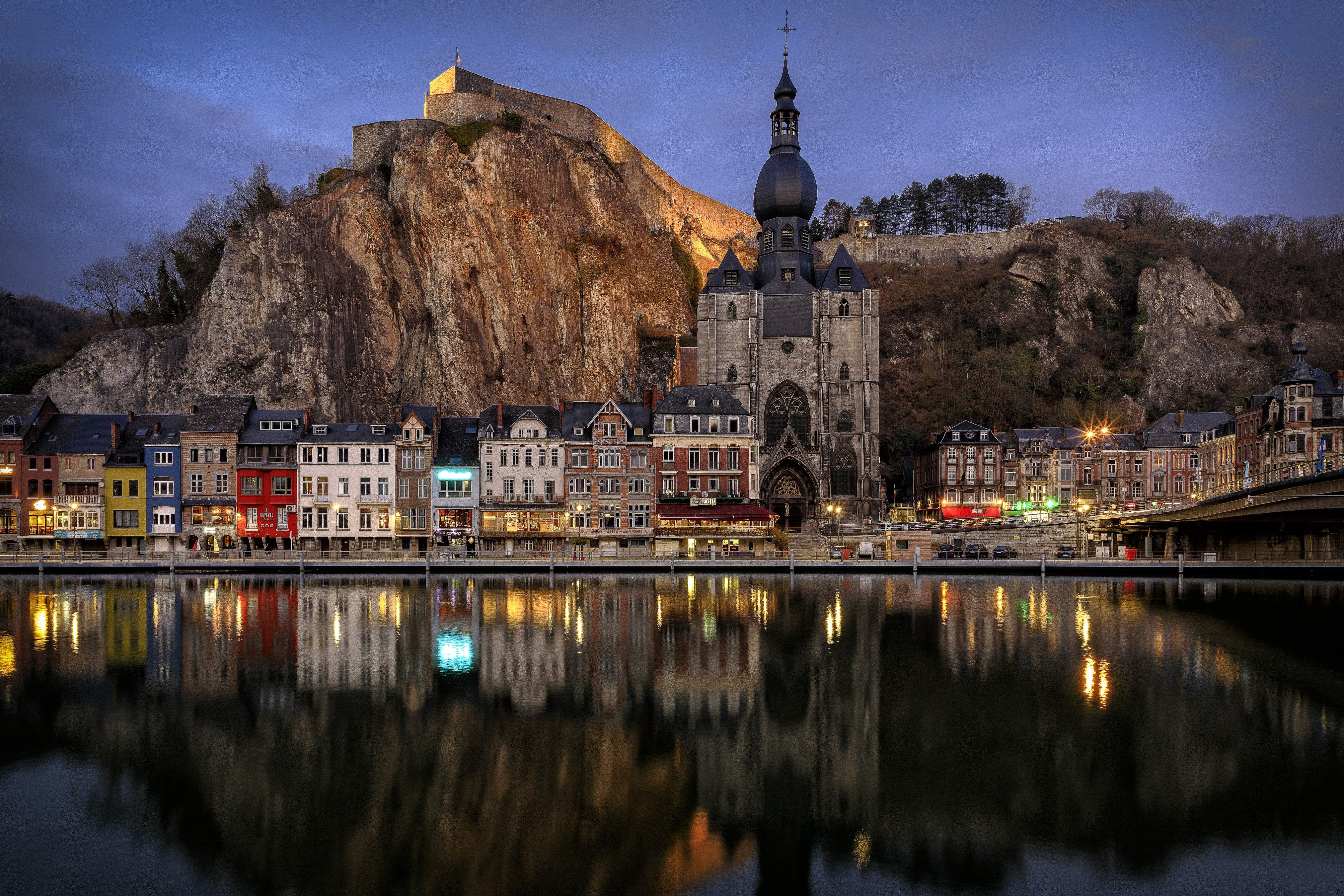 Dinant, Belgium Evening Riverfront With Citadel And Church HD Wallpaper