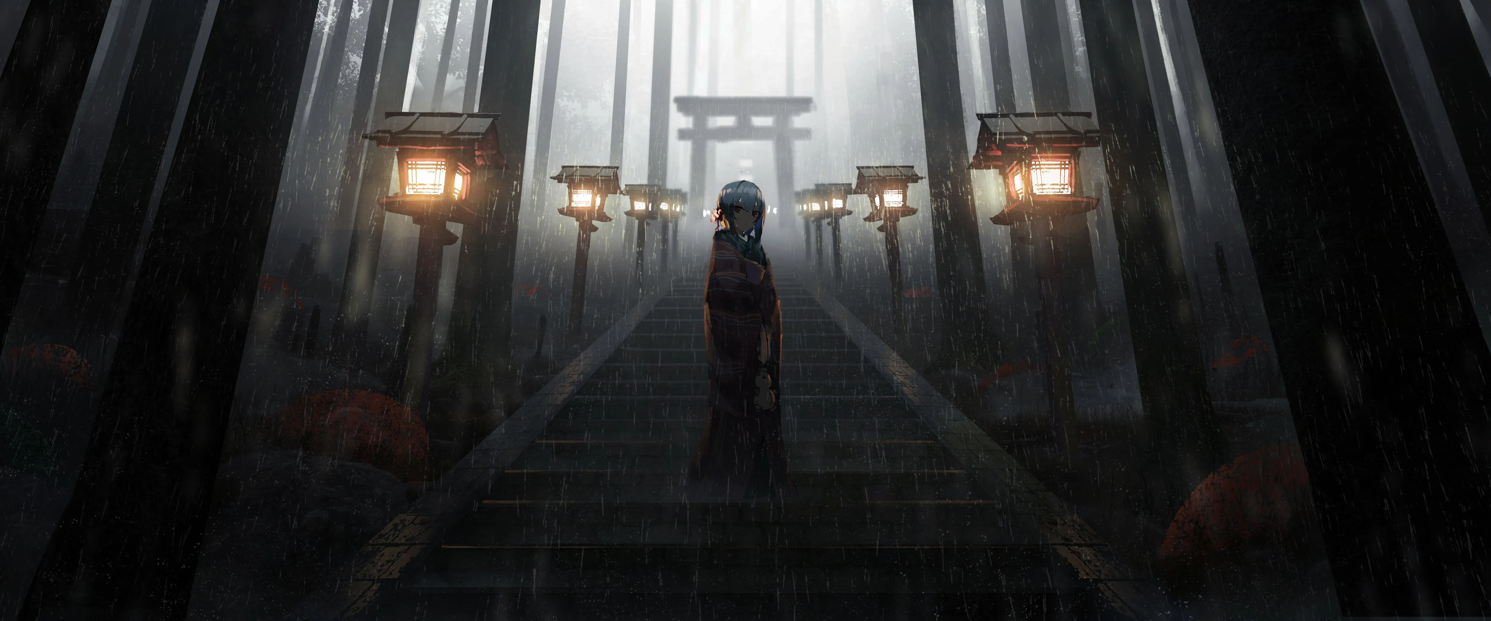 Anime Girl Standing in Rain inside Torii 5K Wallpaper, HD Anime 4K Wallpaper, Image and Background