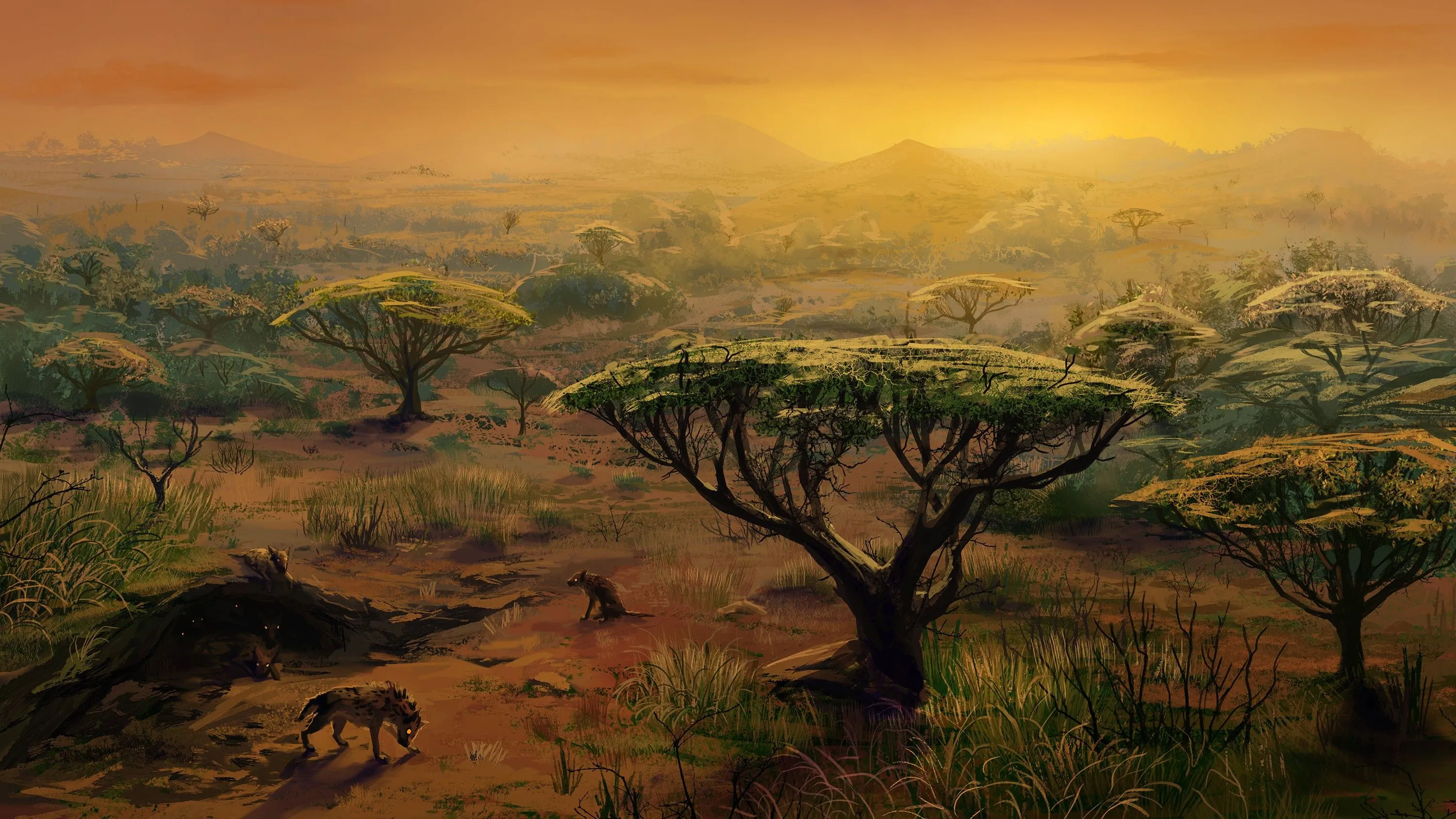 Desktop wallpaper: Africa, Artistic, Painting, Hyena, Landscape, Savannah, Tree 4K free download for PC. 866038