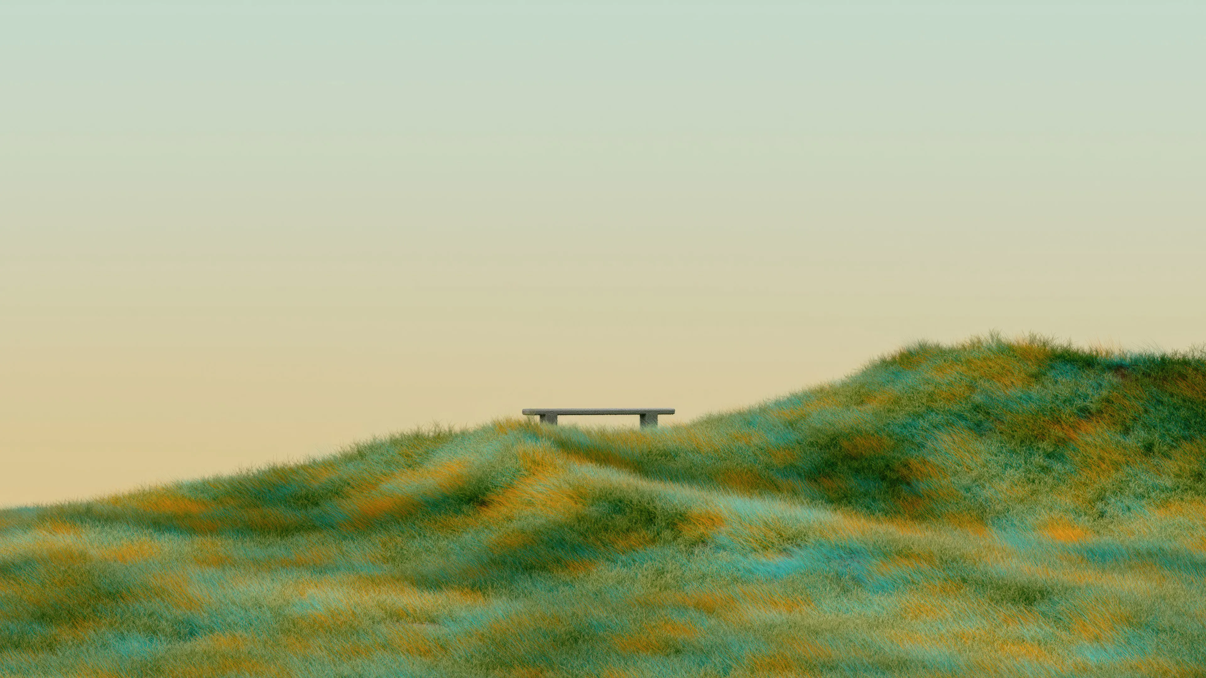 Green landscape Wallpaper 4K, Bench, Minimalist, Calm, Peaceful