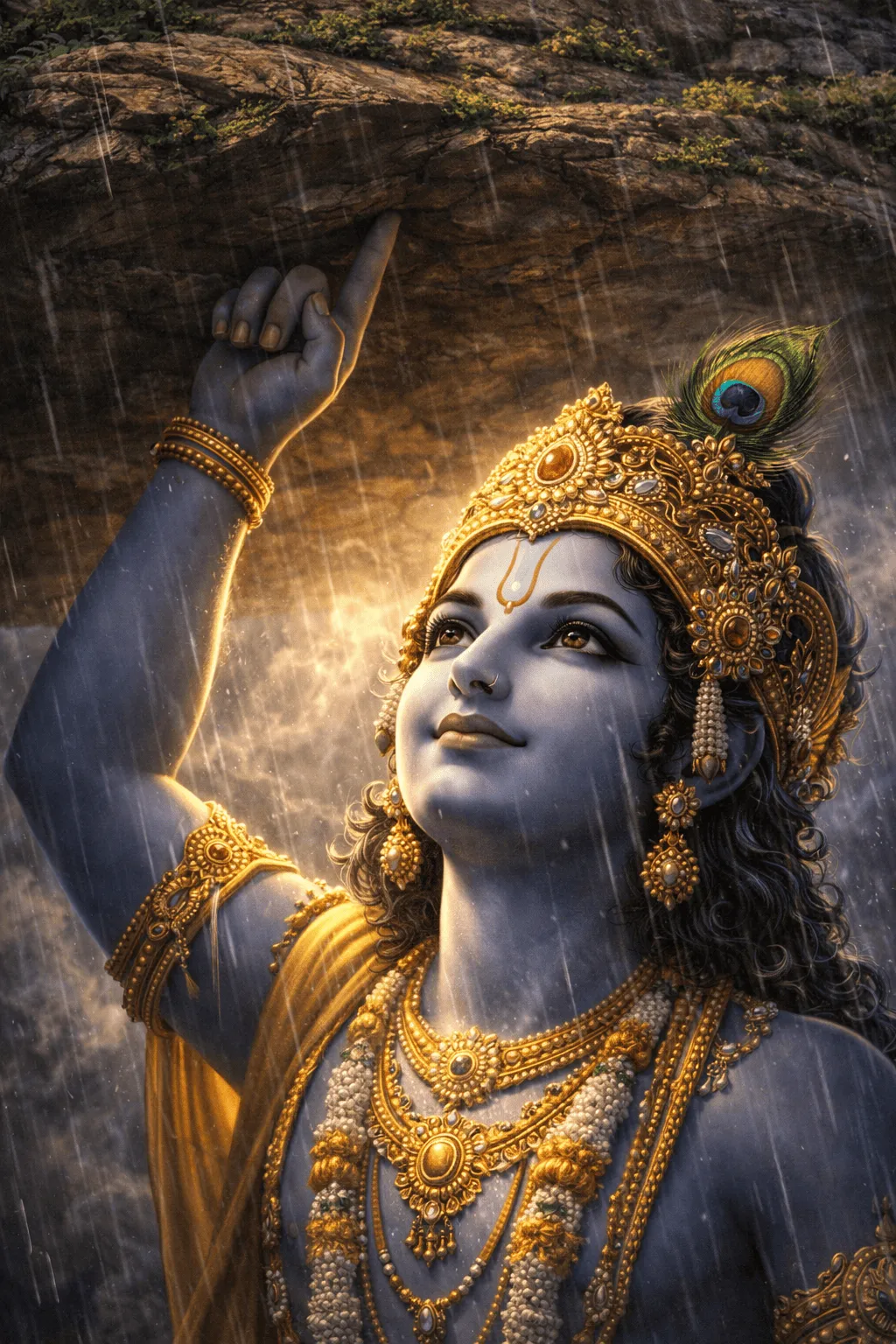 Krishna Lifting Govardhan Hill Art - HD Devotional Wallpaper Wallpaper