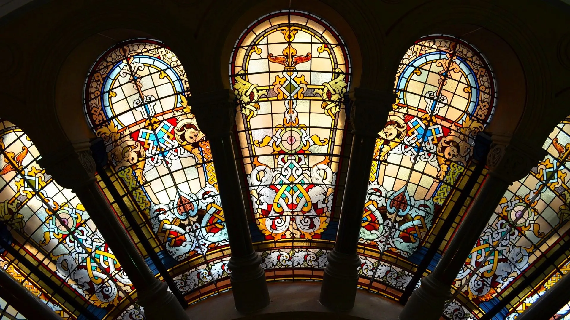 Stained Glass Windows In the QVB Sydney Australia.