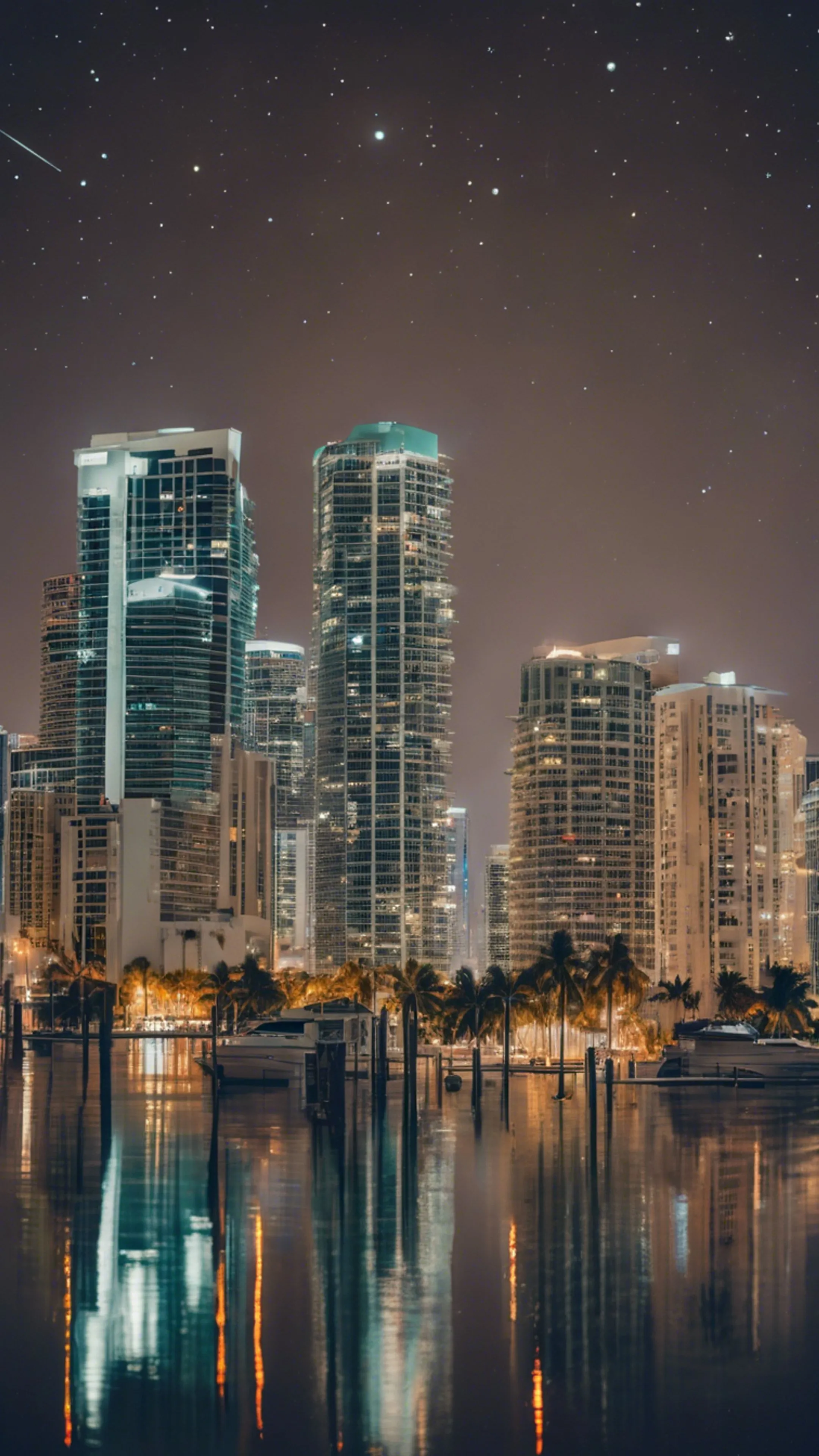 A night view of Miami's skyline, reflected in the calm waters of Biscayne Bay, under a starry sky. Wallpaper [6a2ec2761bce4e748034]