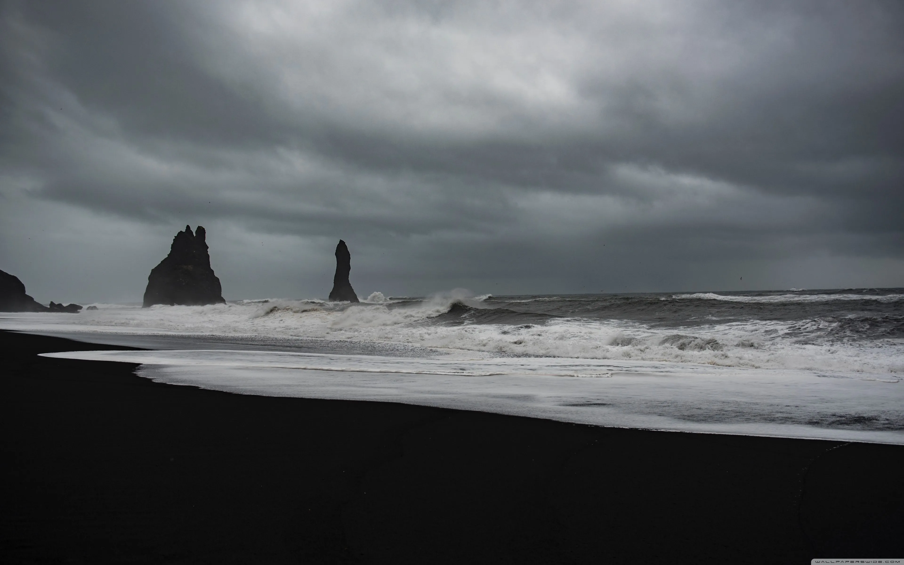 Stormy Weather, Waves, Black Sand Beach, Rocks 4K UHD Wallpaper for UltraHD Desktop and TV, Widescreen and UltraWide Display, Dual Monitor, Smartphone and Tablet Devices