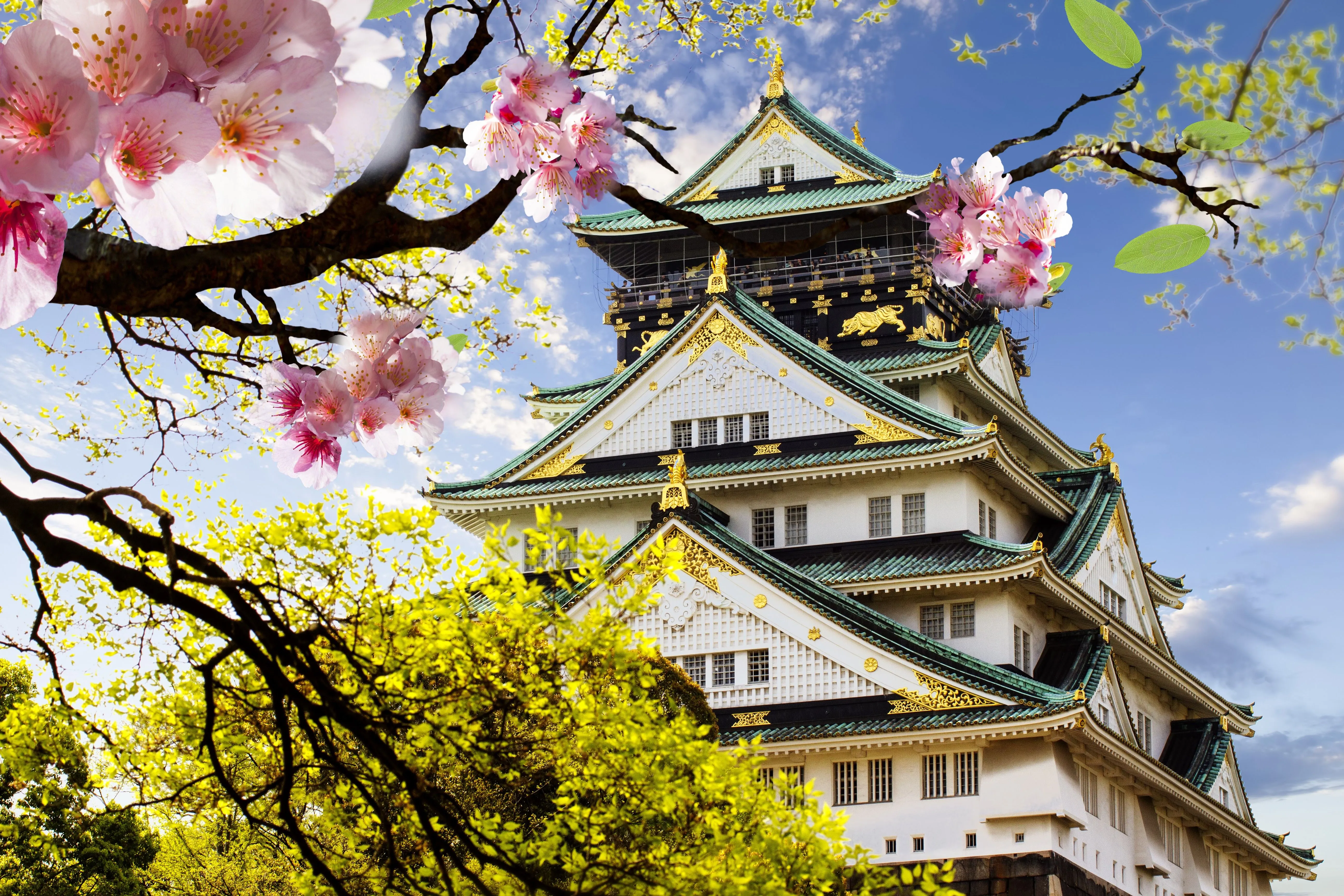 Desktop wallpaper: Pagoda, Castle, Japan, Man Made, Cherry Blossom, Castles 4K free download for PC. 379311