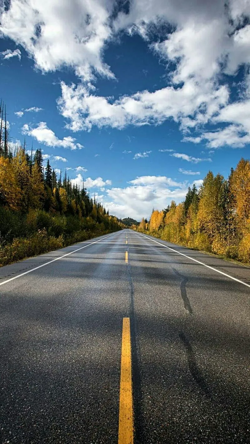 Straight Road, asphalt, clouds, nature, sky, trees, HD phone wallpaper