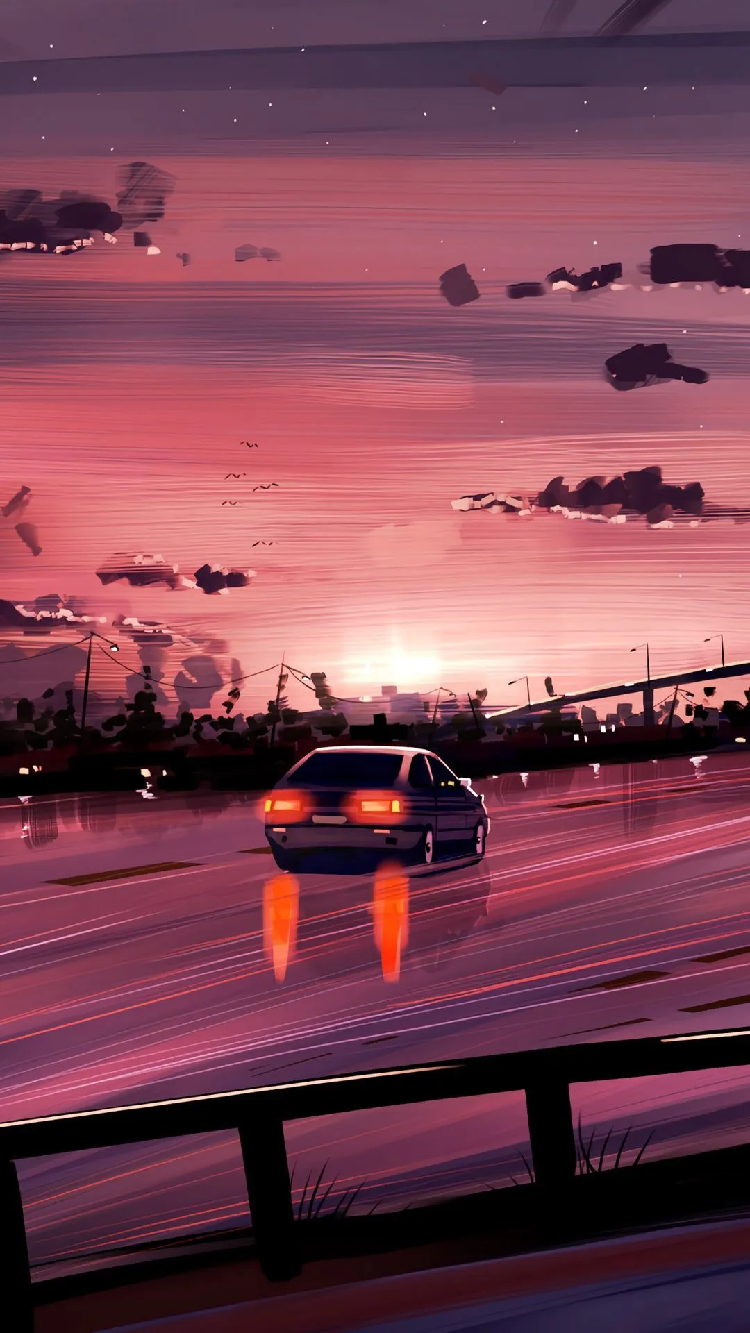 Download wallpaper 1080x1920 car, road, sunset, reflection, art, purple samsung galaxy s4, s5, note, sony xperia z, z1, z2, z3, htc one, lenovo vibe HD background