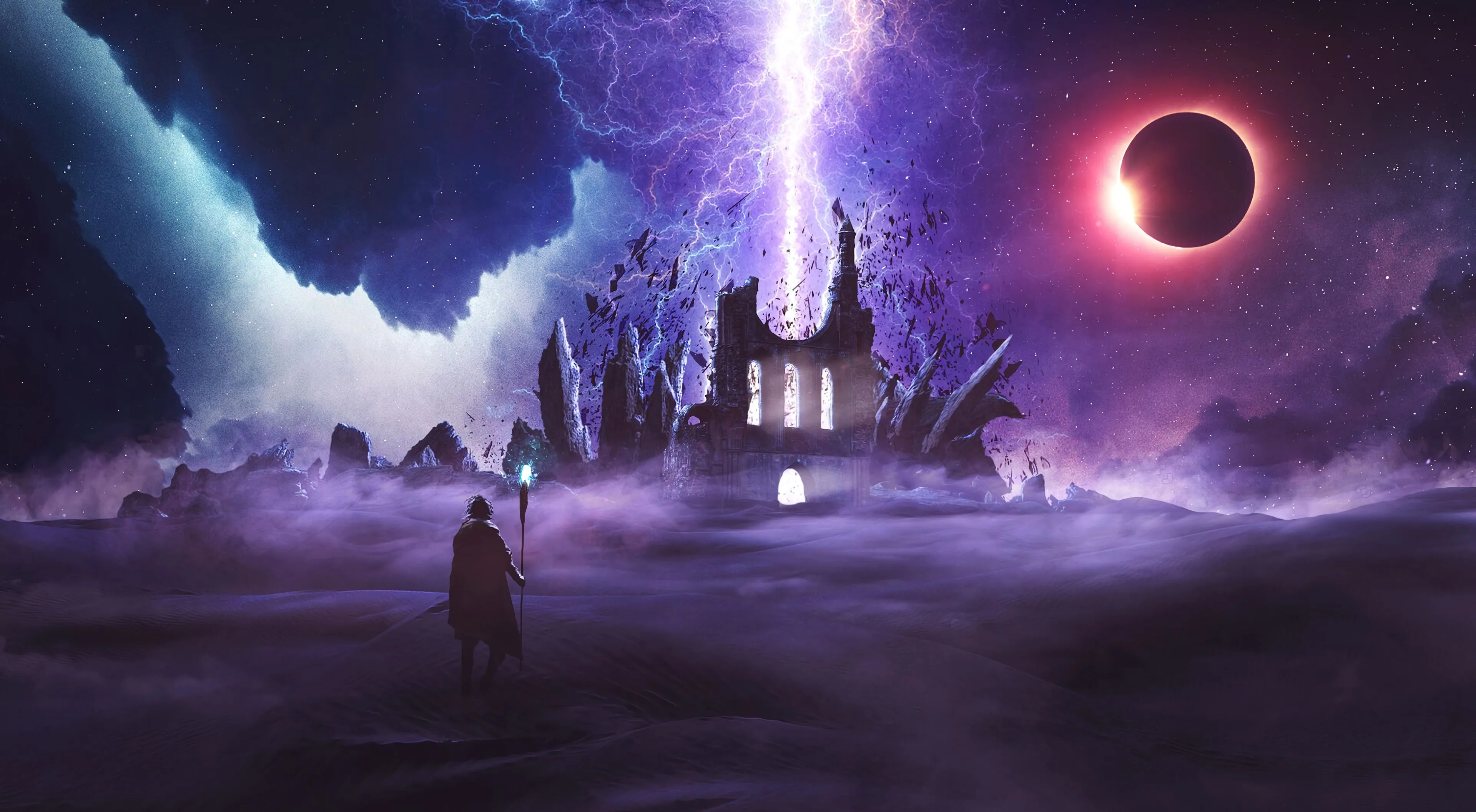 Desktop wallpaper: Art, Ruin, Lightning, Ruins, Wanderer 4K free download for PC. 148105