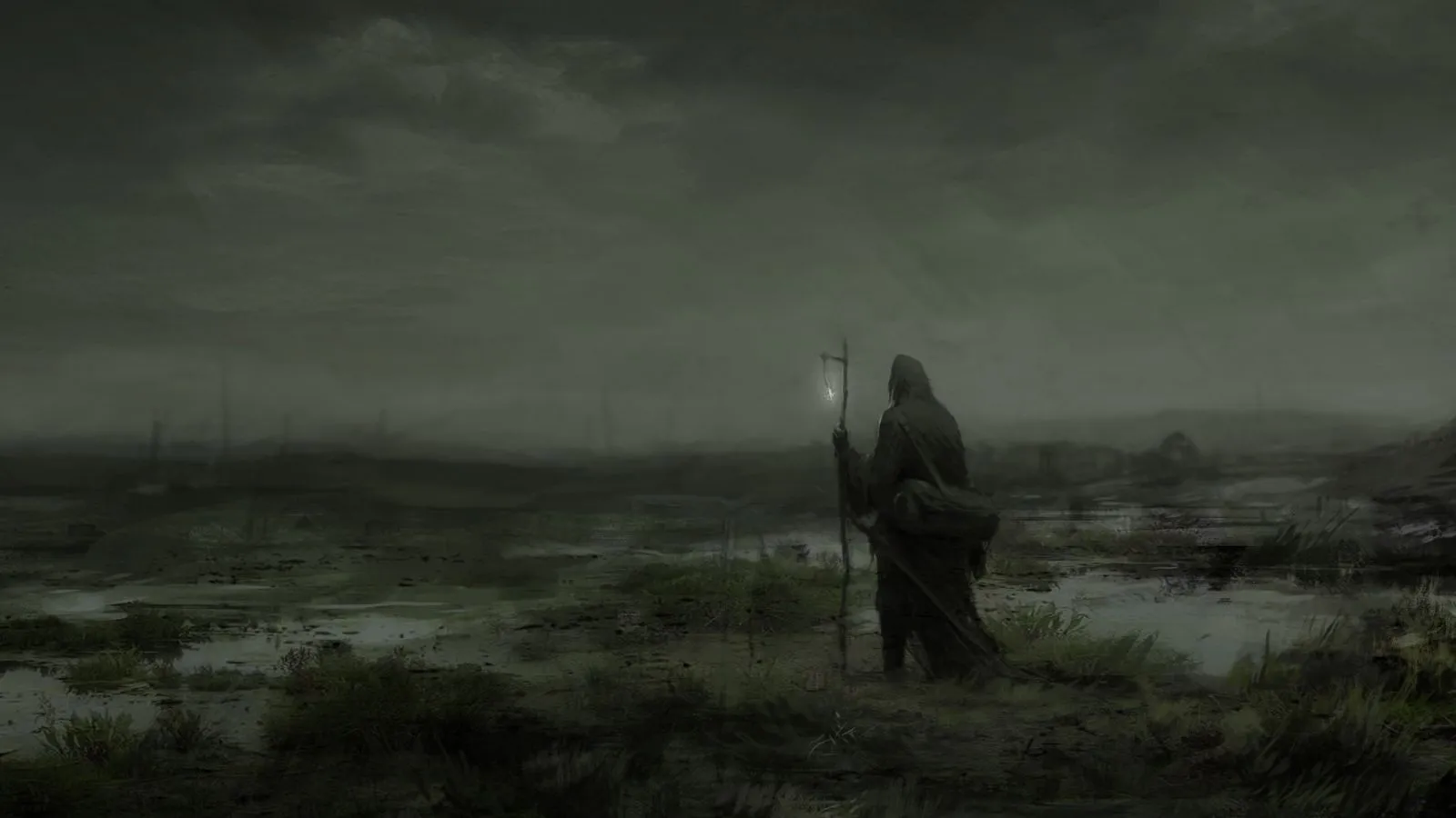 Download wallpaper 1600x900 wanderer, fog, mantle, loneliness, art, gloomy widescreen 16:9 HD background