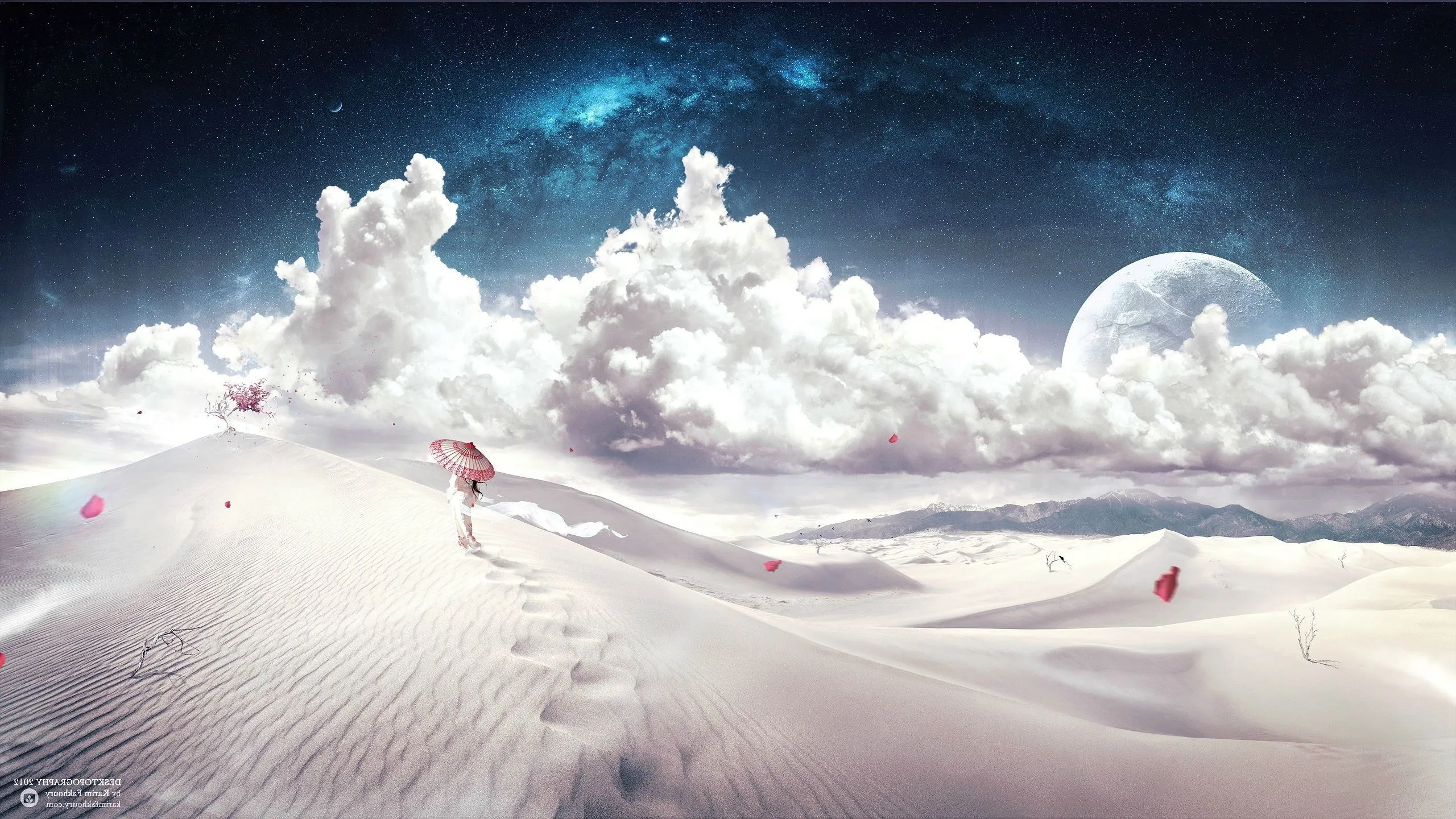 Desktopography, Desert, Space, Clouds, Planet, Mountain, Cherry Blossom, Umbrella Wallpaper HD / Desktop and Mobile Background