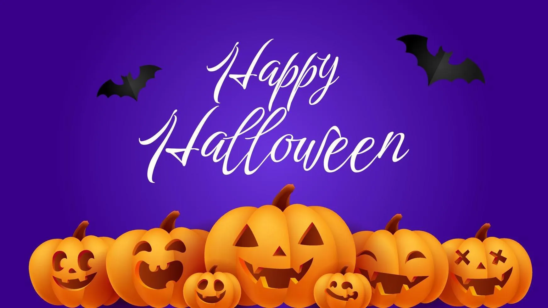 Happy Halloween purple banner, or party invitation background with jack o lantern carving face cute pumpkins and bats. 3D vector illustration realistic pumpkin wallpaper