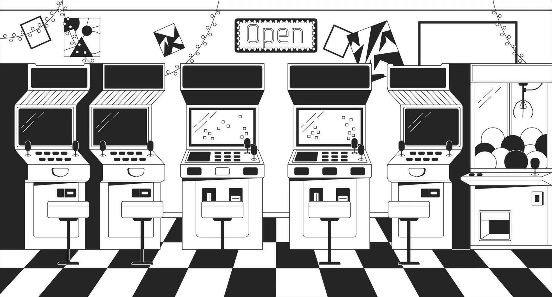 Arcade machines black and white chill lo fi background. Vintage gaming devices. Entertainment outline 2D vector cartoon interior illustration, monochromatic lofi wallpaper desktop. Bw 90s retro art