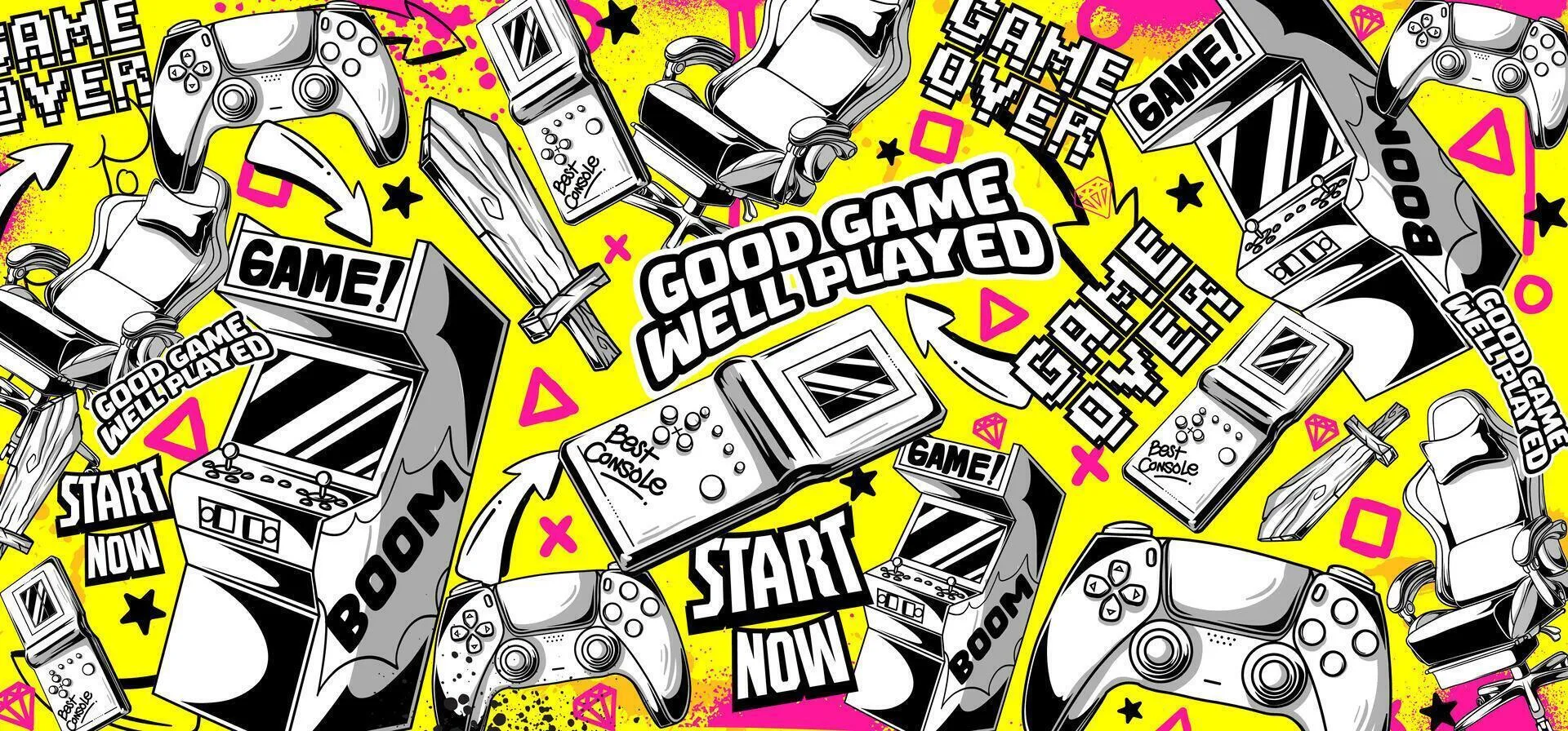 Gaming background and illustrations. Retro game elements in graffiti style