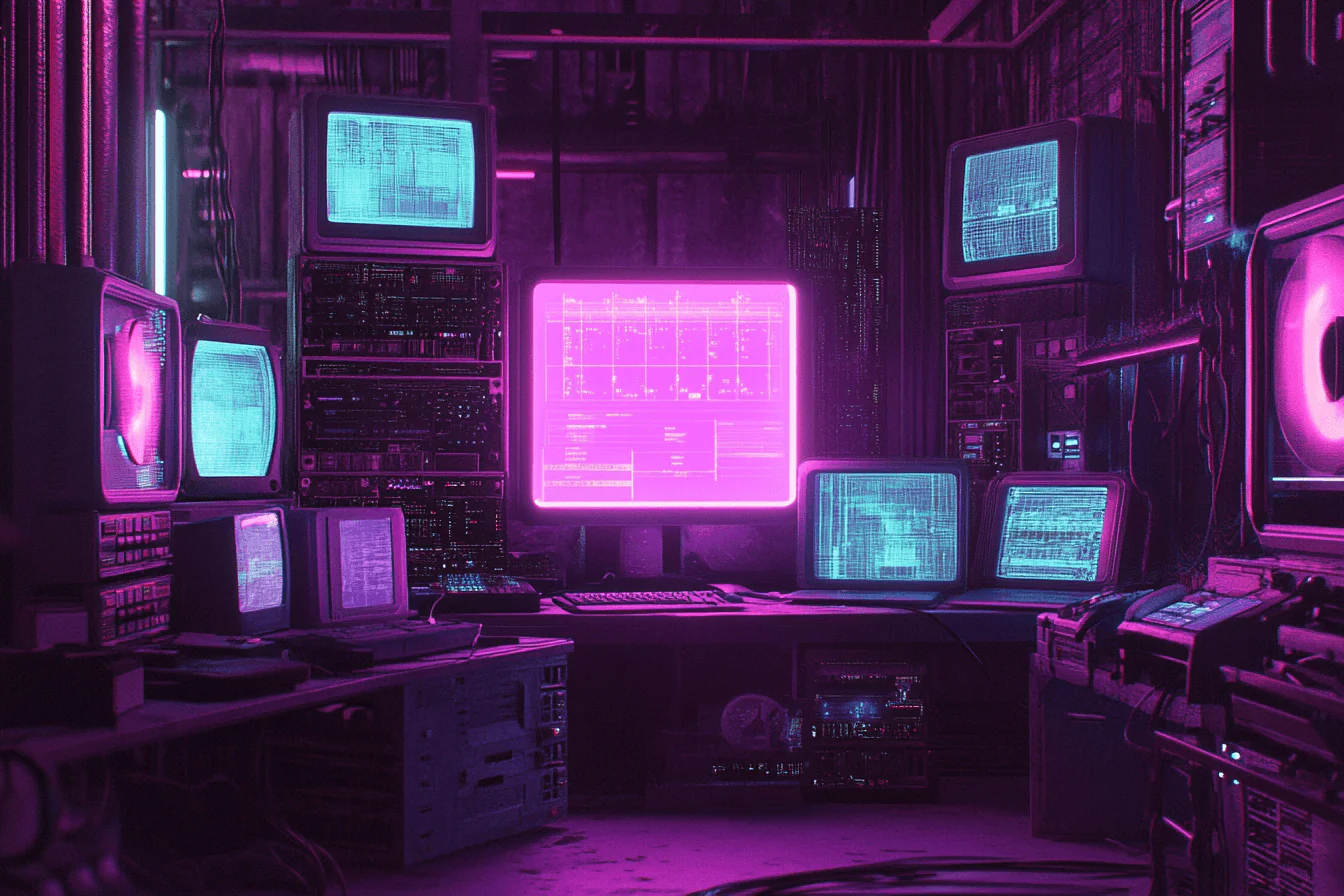 Gaming Mural Wallpaper. Retro Tech Purple Neon Design