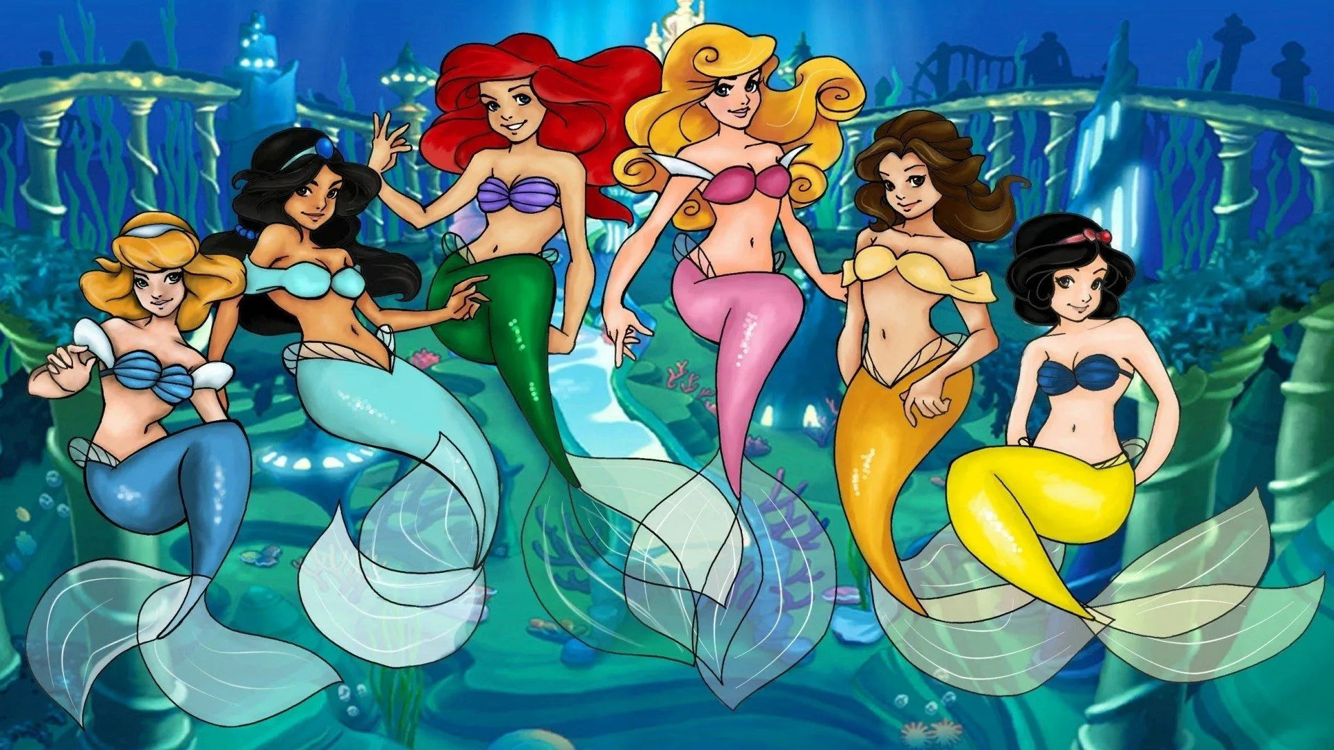 Disney Princess Mermaids Collage: Ariel, Jasmine & More HD Wallpaper