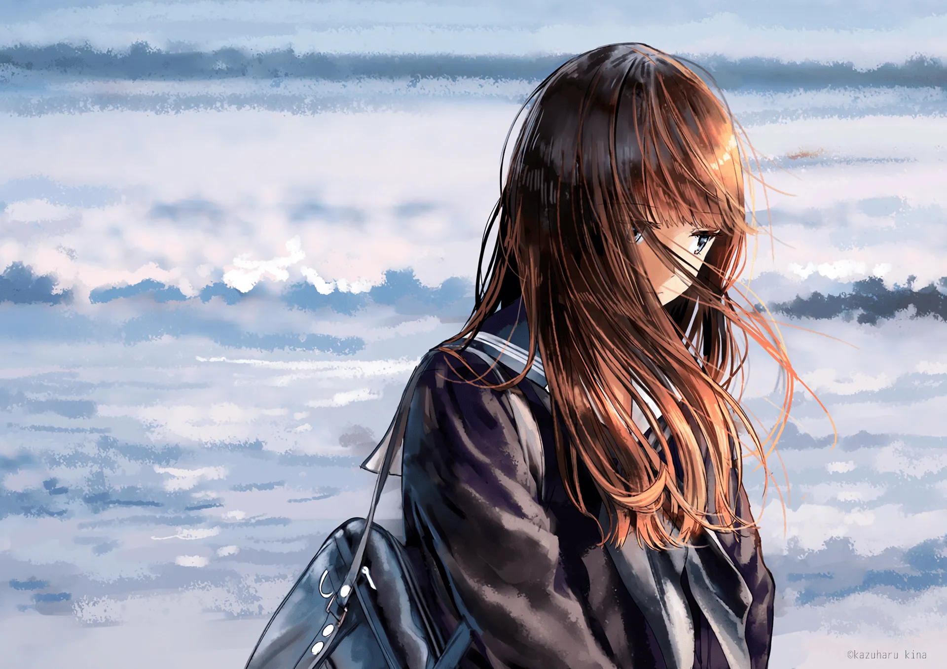 Anime Girl with Brown Hair in School Uniform Wallpaper