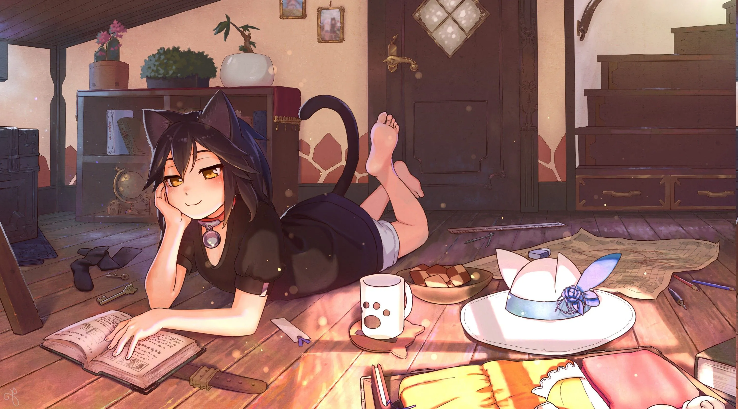anime, Anime Girls, Original Characters, Animal Ears, Tail, Nekomimi, Black Hair, Short Hair, Barefoot, Brown Eyes Wallpaper HD / Desktop and Mobile Background