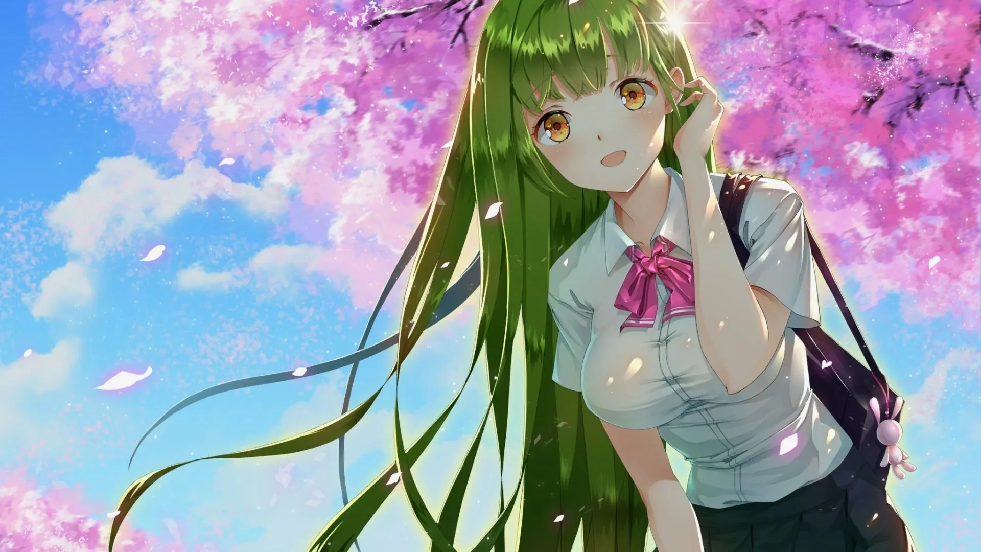 Anime girl with green hair and brown eyes Desktop wallpaper 1920x1080