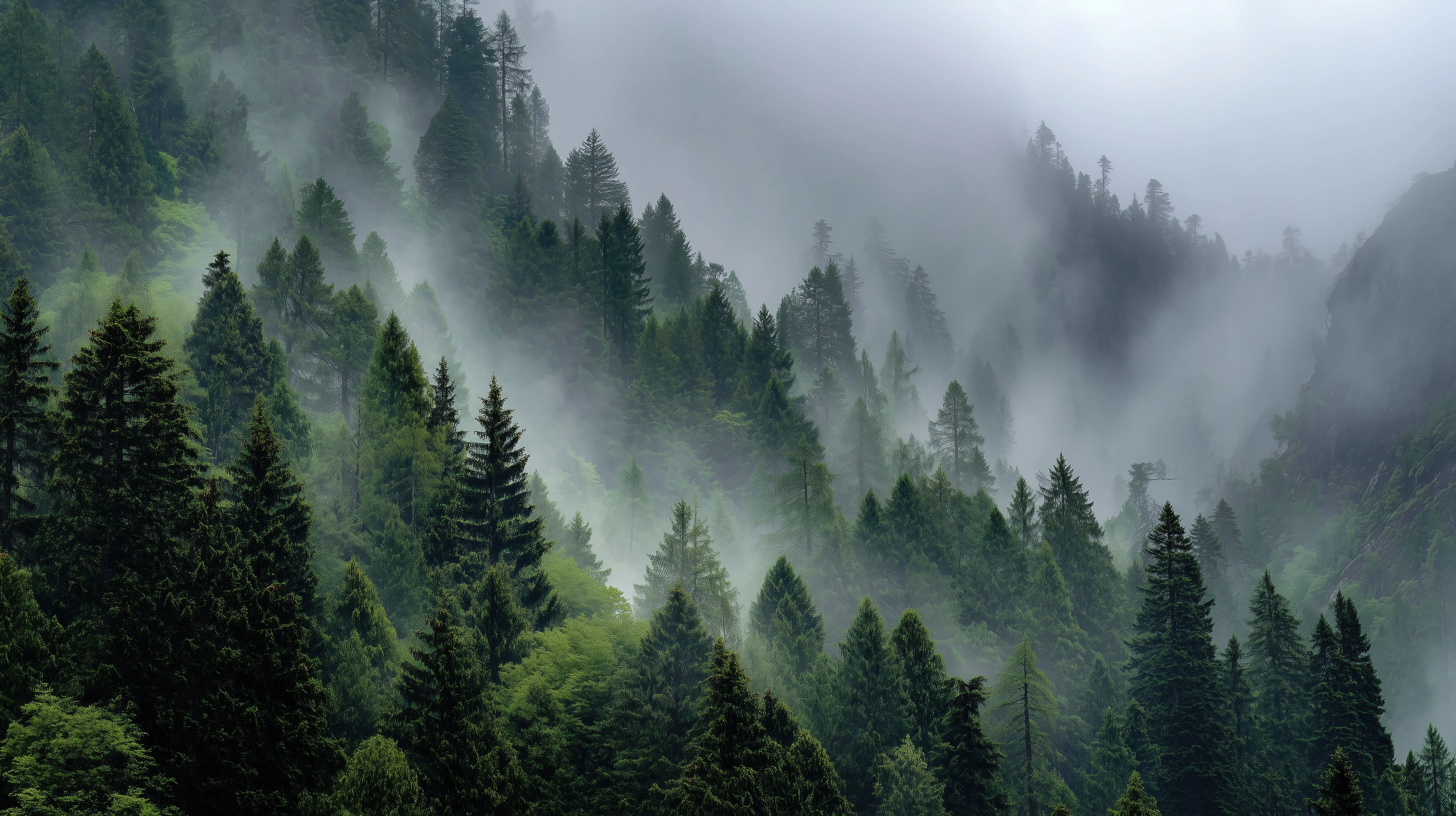 Misty Forest Mountains With Lush Green Trees Wallpaper, HD Nature Wallpaper, 4k Wallpaper, Image, Background, Photos and Picture