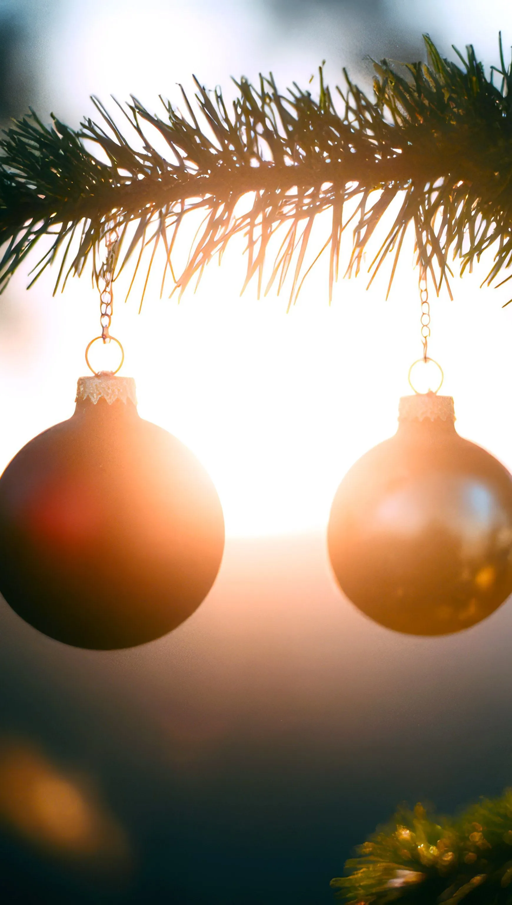 Sunrise seen from a Christmas tree with baubles Wallpaper 4K for iPhone and Mobile Phone