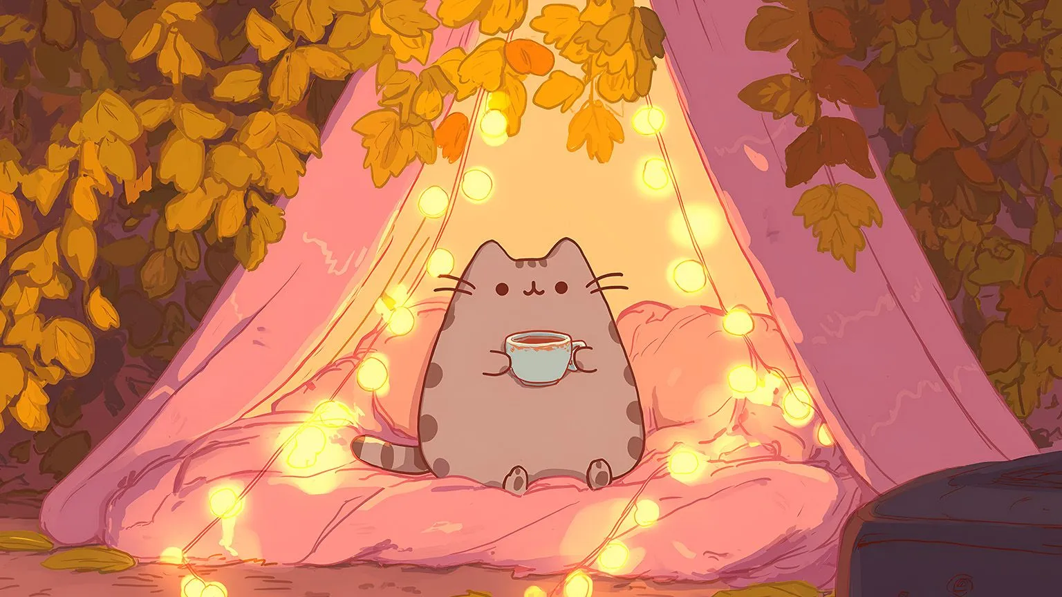 Pusheen Cozy Blanket Fort Autumn Leaves Tea Desktop Wallpaper