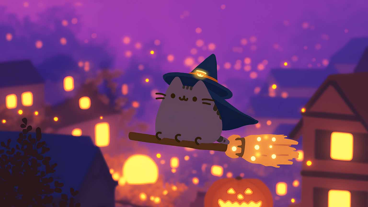 Pusheen Cat Witch Flying on Broom Halloween Desktop Wallpaper