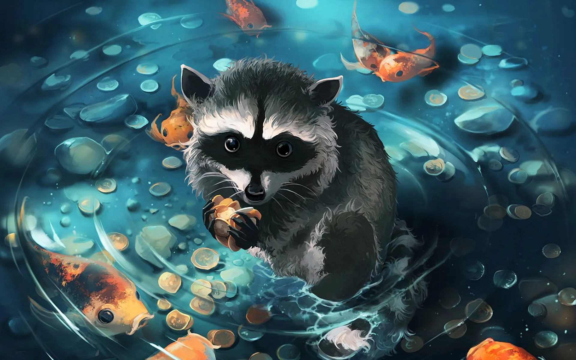 Download wallpaper 1920x1200 raccoon, art, coins, water widescreen 16:10 HD background