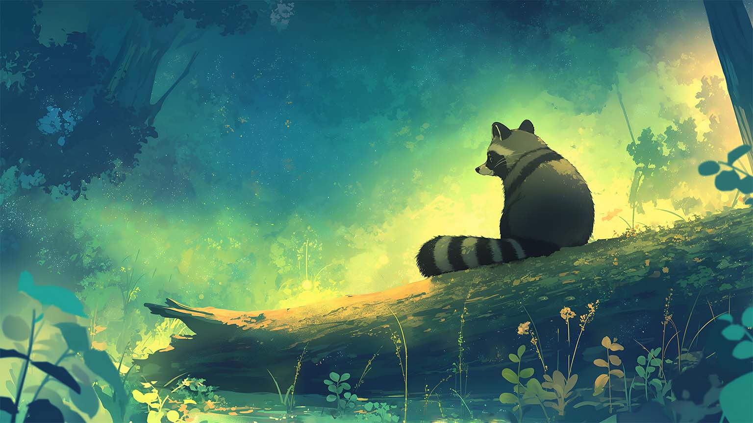 Raccoon Enchanted Log Scene Desktop Wallpaper