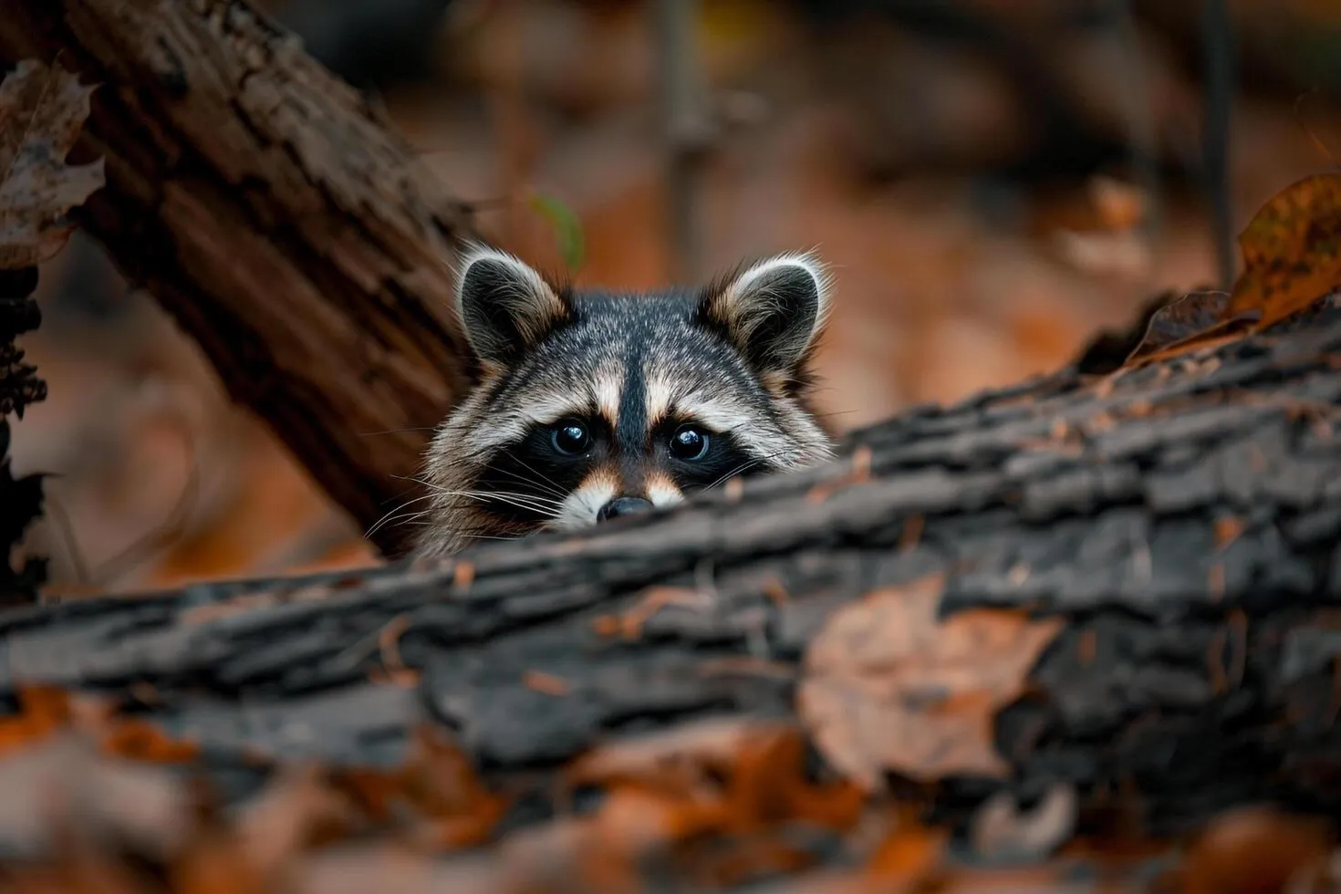 Curious Raccoon Peeking Out from Behind a Fallen Log in a Dense Forest Nature Background