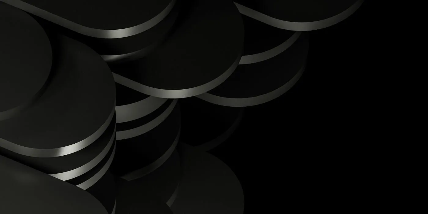 Luxury abstract black metal background with copy space. Dark 3D geometric texture. Pure black horizontal banner wallpaper. Elegant background