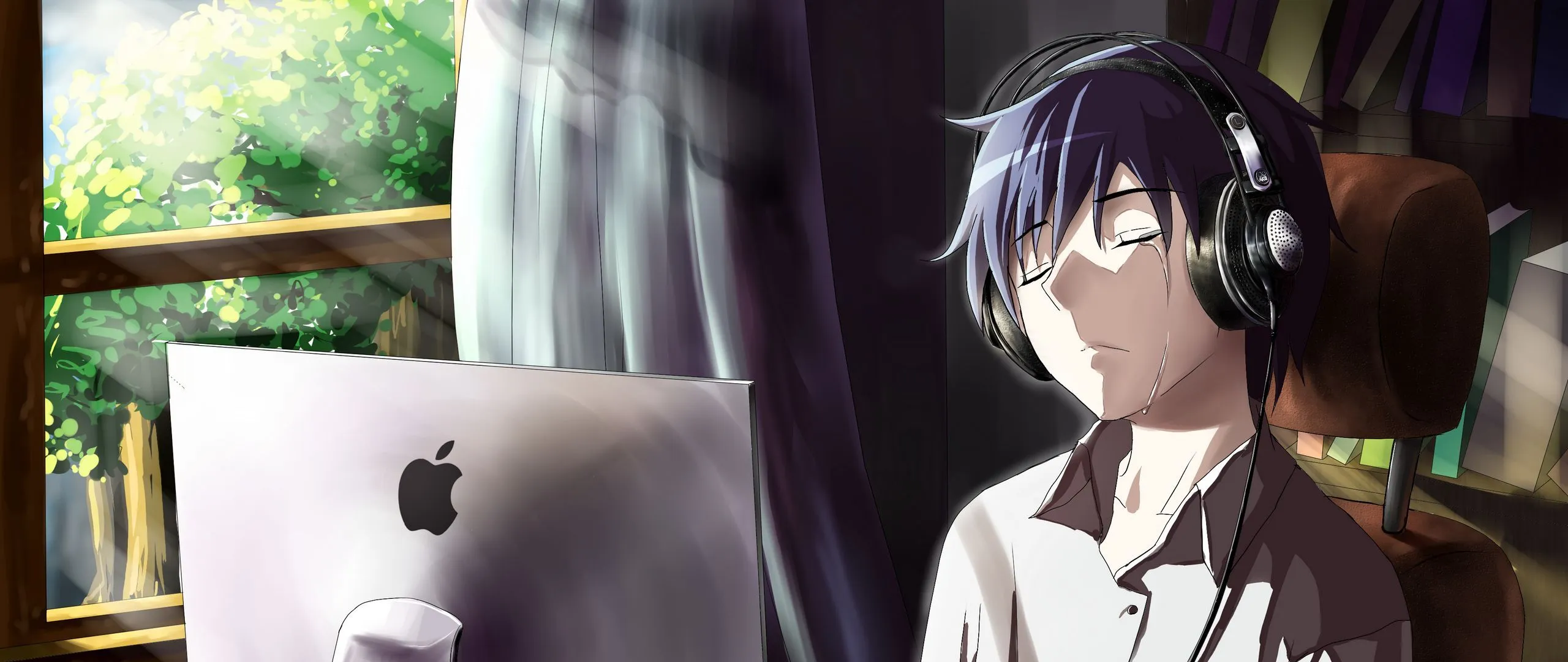 Download wallpaper 2560x1080 guy, anime, computer, tears, sadness, room dual wide 1080p HD background