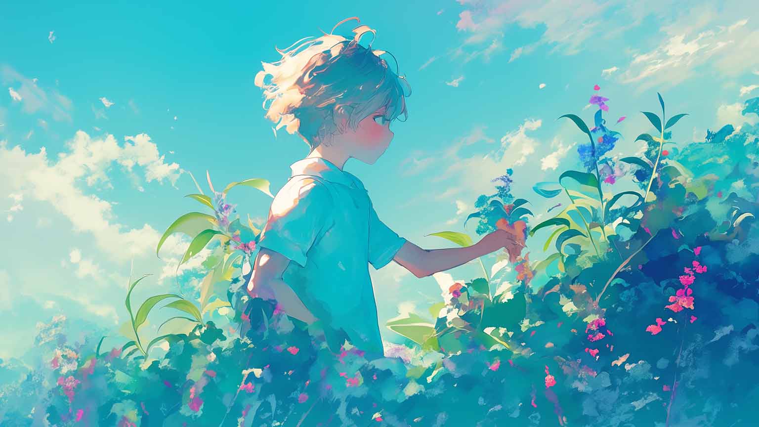 Anime Boy Picking Flowers Desktop Wallpaper