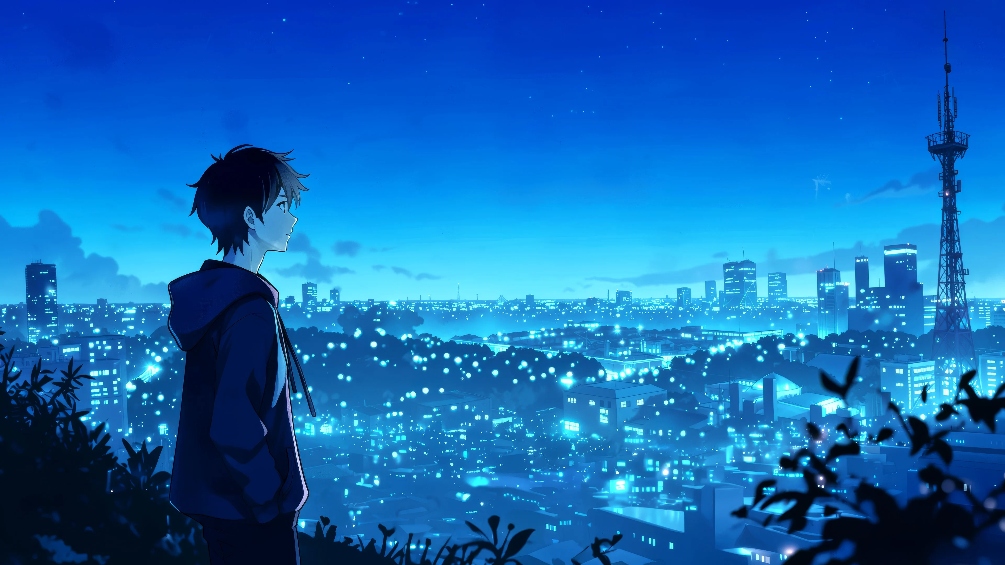 An anime boy gazing up at the city at night Wallpaper 4K for Desktop