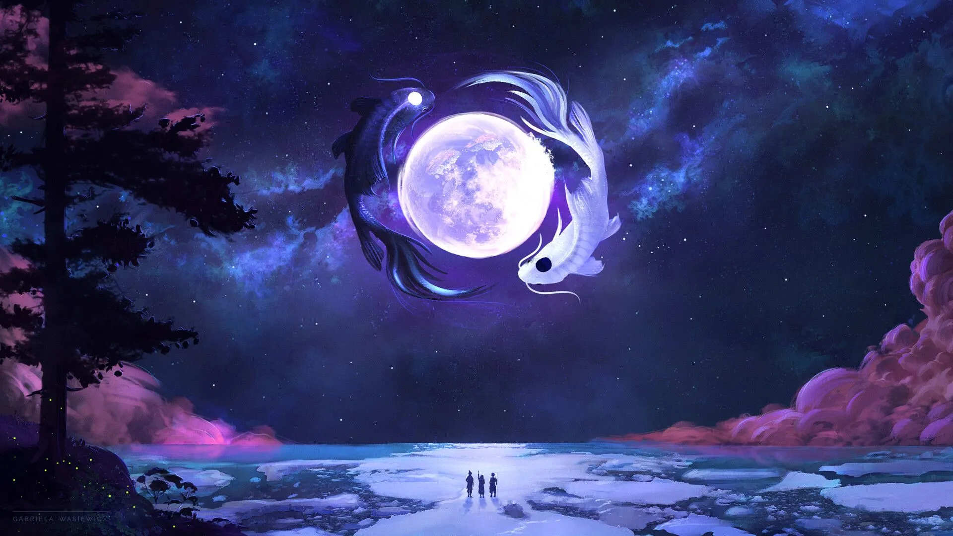 Desktop wallpaper: Yin & Yang, Landscape, Artistic, Koi Carp, Moon, Night 4K free download for PC. 1033716