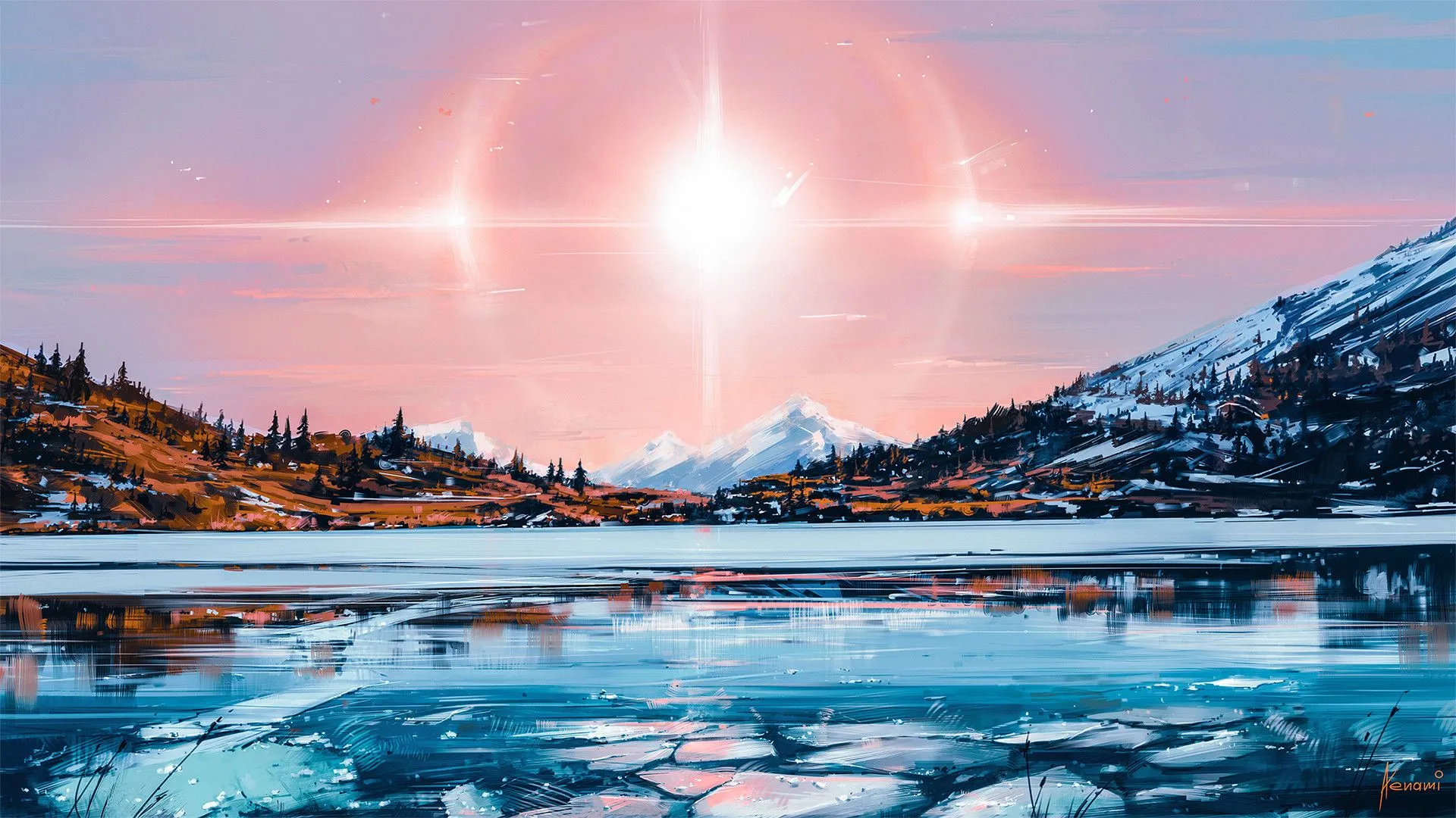 Desktop wallpaper: Sunshine, Fantasy, Landscape, Lake, Mountain, Snow, Sun 4K free download for PC. 870262