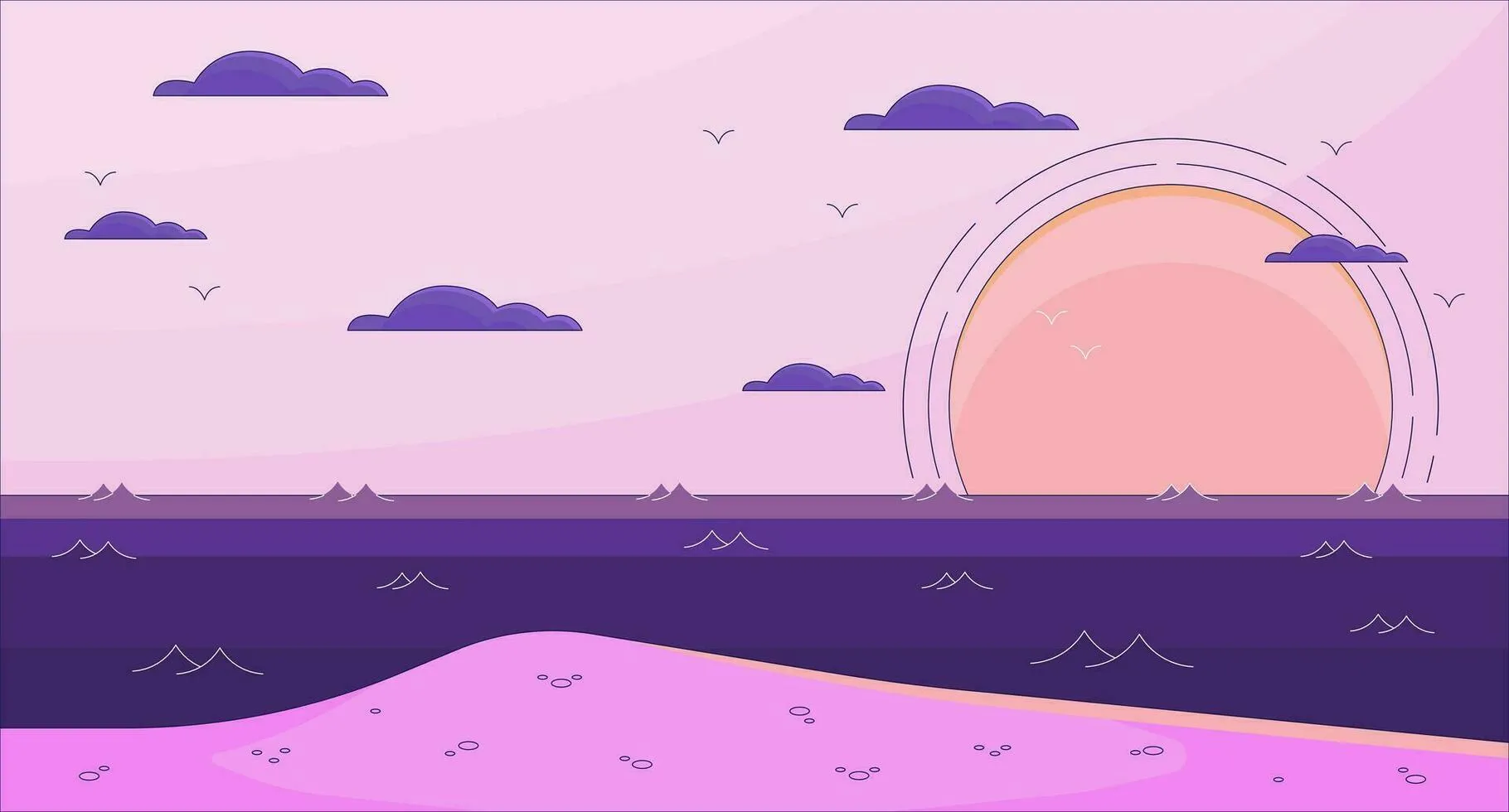 Sunset in the sea chill lo fi background. Bay. Paradise. Island 2D vector cartoon landscape illustration, purple lofi wallpaper desktop. Sunset aesthetic 90s retro art, dreamy vibes
