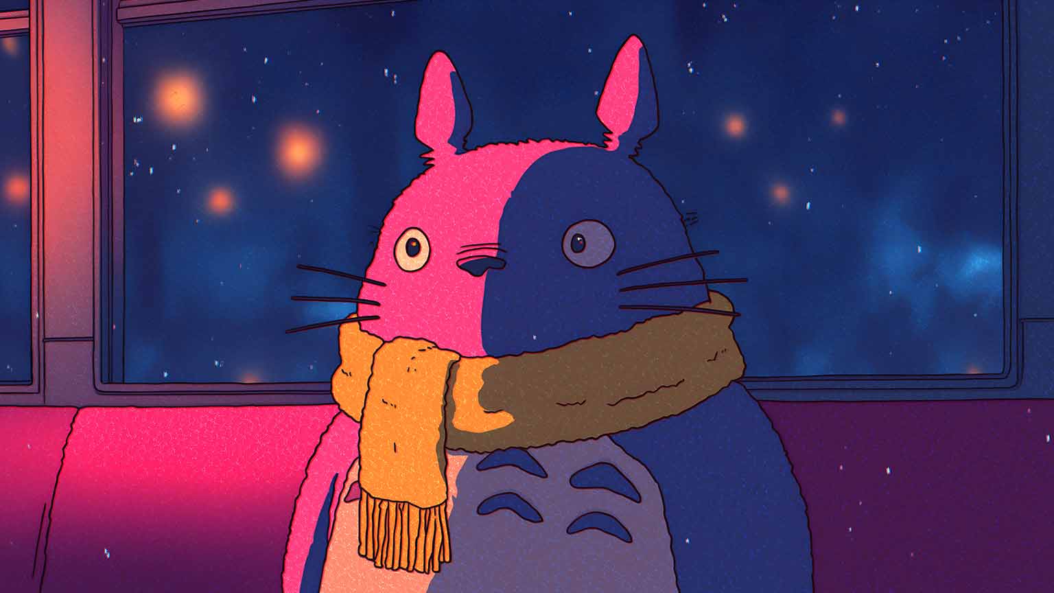 Free My Neighbor Totoro Lofi Pink and Blue Desktop Wallpaper