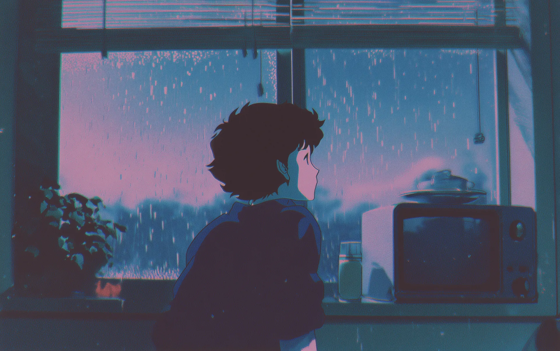 Chill Lofi Retro Anime Boy HD Wallpaper in Rainy Aesthetic Vibes