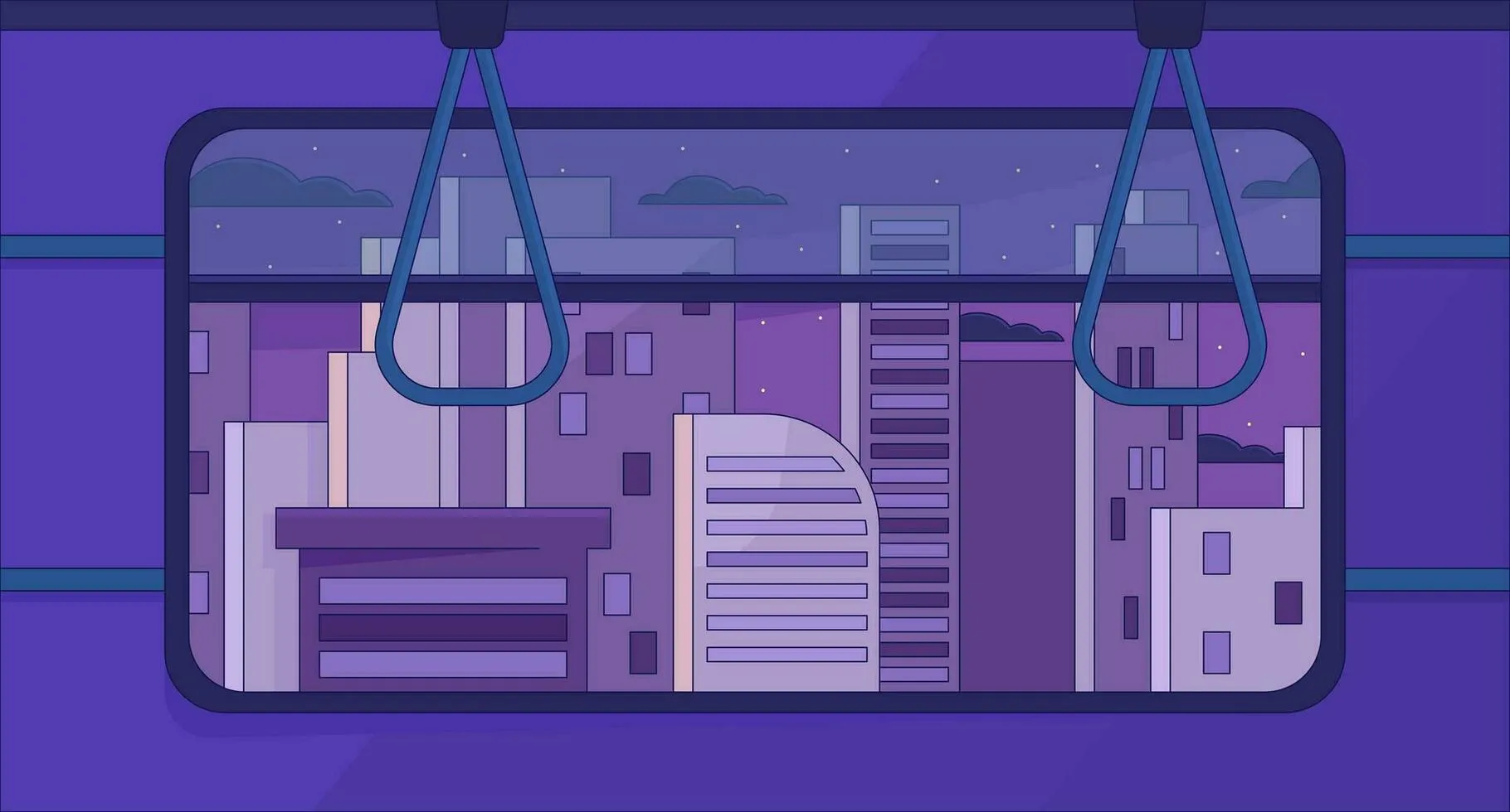 Skyscrapers from subway window chill lo fi background. Night in city 2D vector cartoon cityscape illustration, purple lofi wallpaper desktop. Sunset aesthetic 90s retro art, dreamy vibes