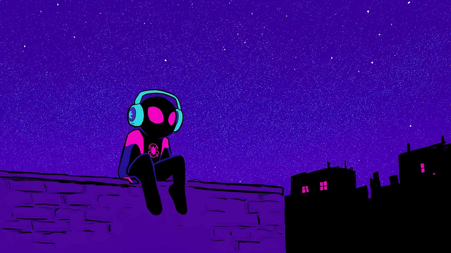 Spider Man Miles Morales Chibi Lofi Night Sky Desktop Wallpaper