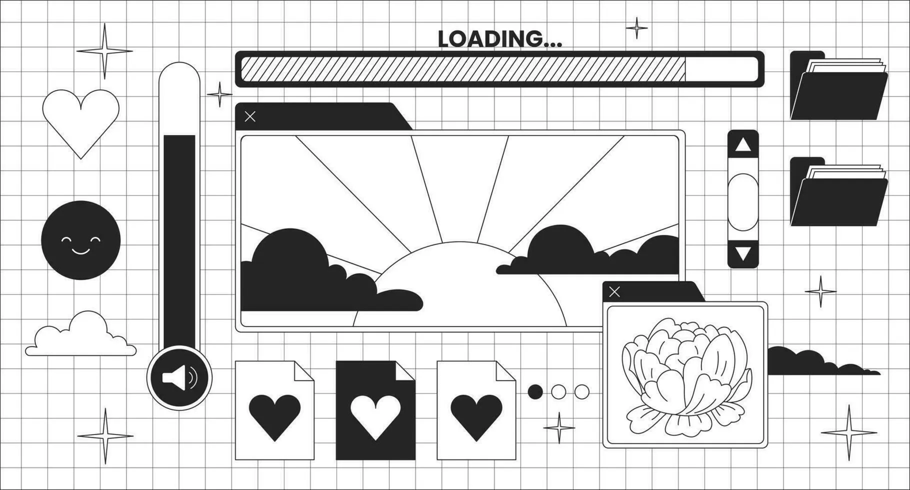 Pc retro y2k desktop black and white lofi wallpaper. Nostalgic computer interface 2D outline scene cartoon flat illustration. Upload files. Sunshine, peony vector line lo fi aesthetic background Vector Art